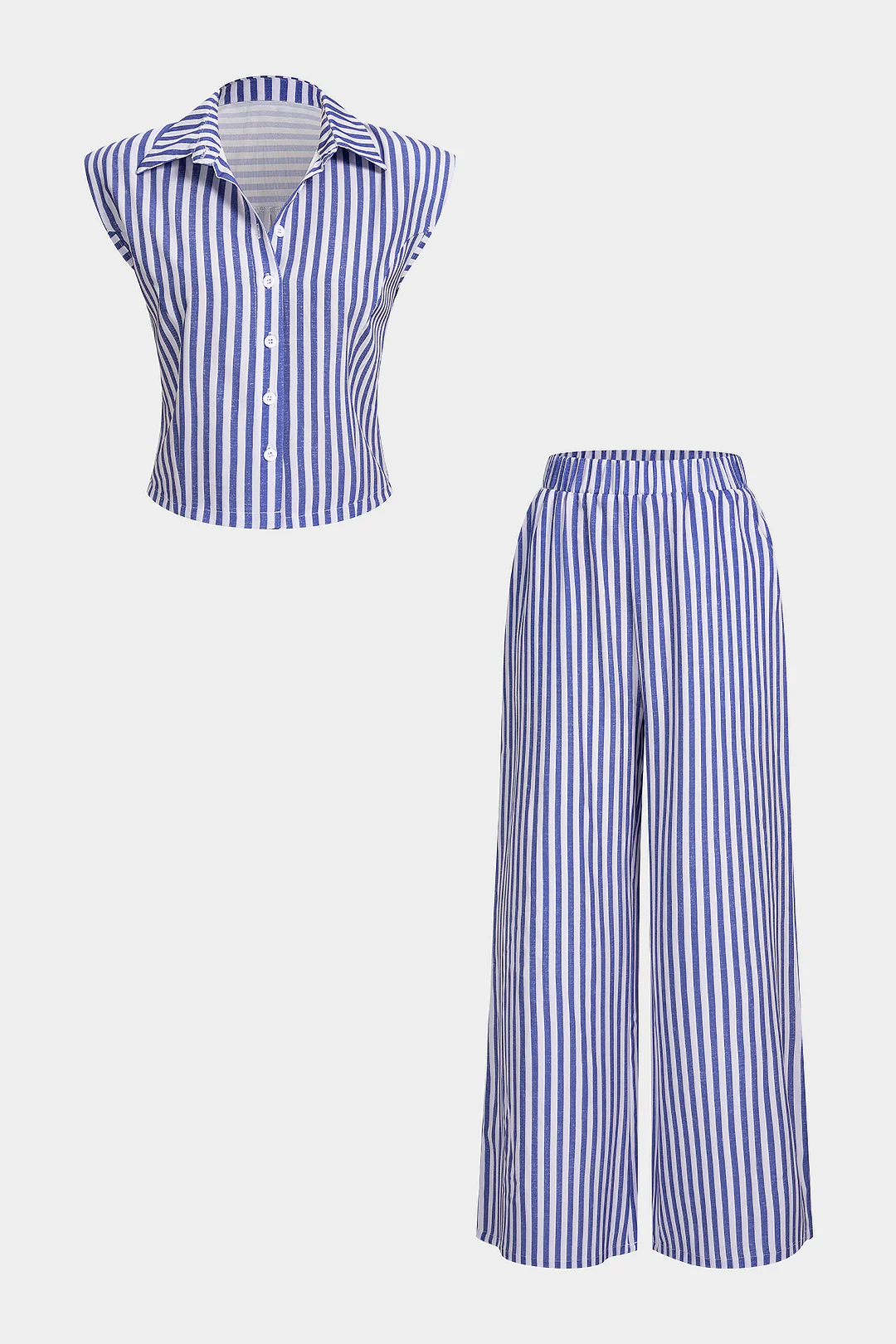 Stripes Print Lapel Sleeveless Top And Wide Leg Pants Set - Flockneti