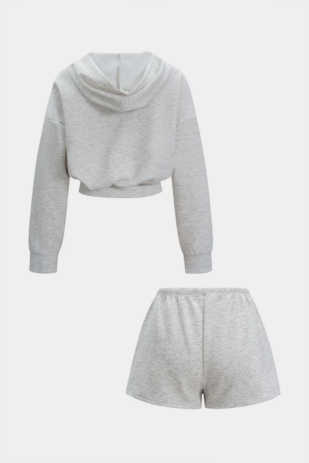 Hooded Pocket Zipper Long Sleeve Sweatshirt And Drawstring Shirred Waistband Shorts Set - Flockneti