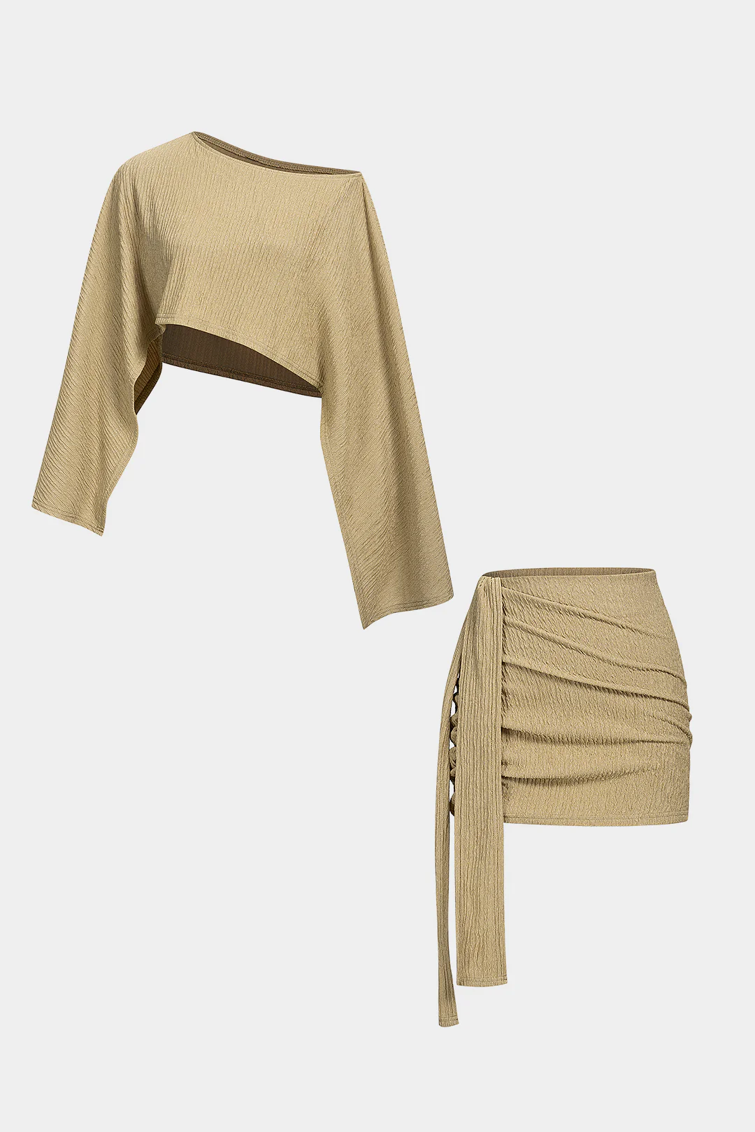 Long Sleeve Cropped Top And Asymmetrical Ruched Skirt Set - Flockneti
