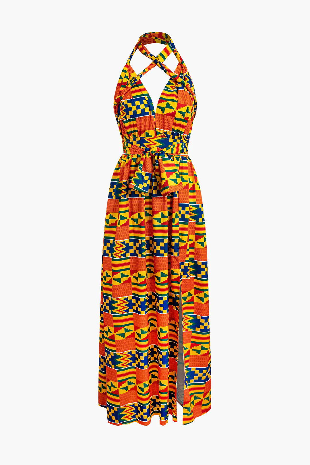 Geometric Print Backless Tie-Up Slit Sleeveless Maxi Dress - Flockneti