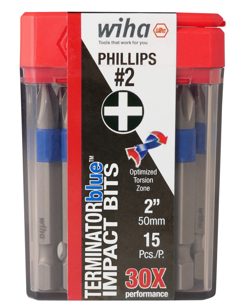 Wiha TerminatorBlue Impact Bit Phillips #2 2″ 15pk - Flockneti