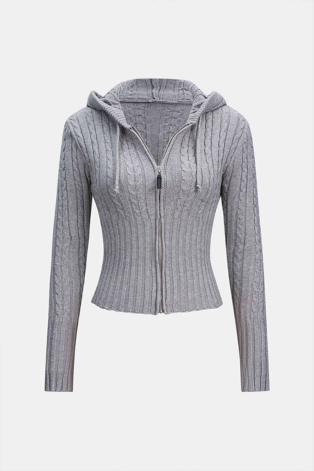 Cable Knit Zipper Hooded Cardigan - Flockneti