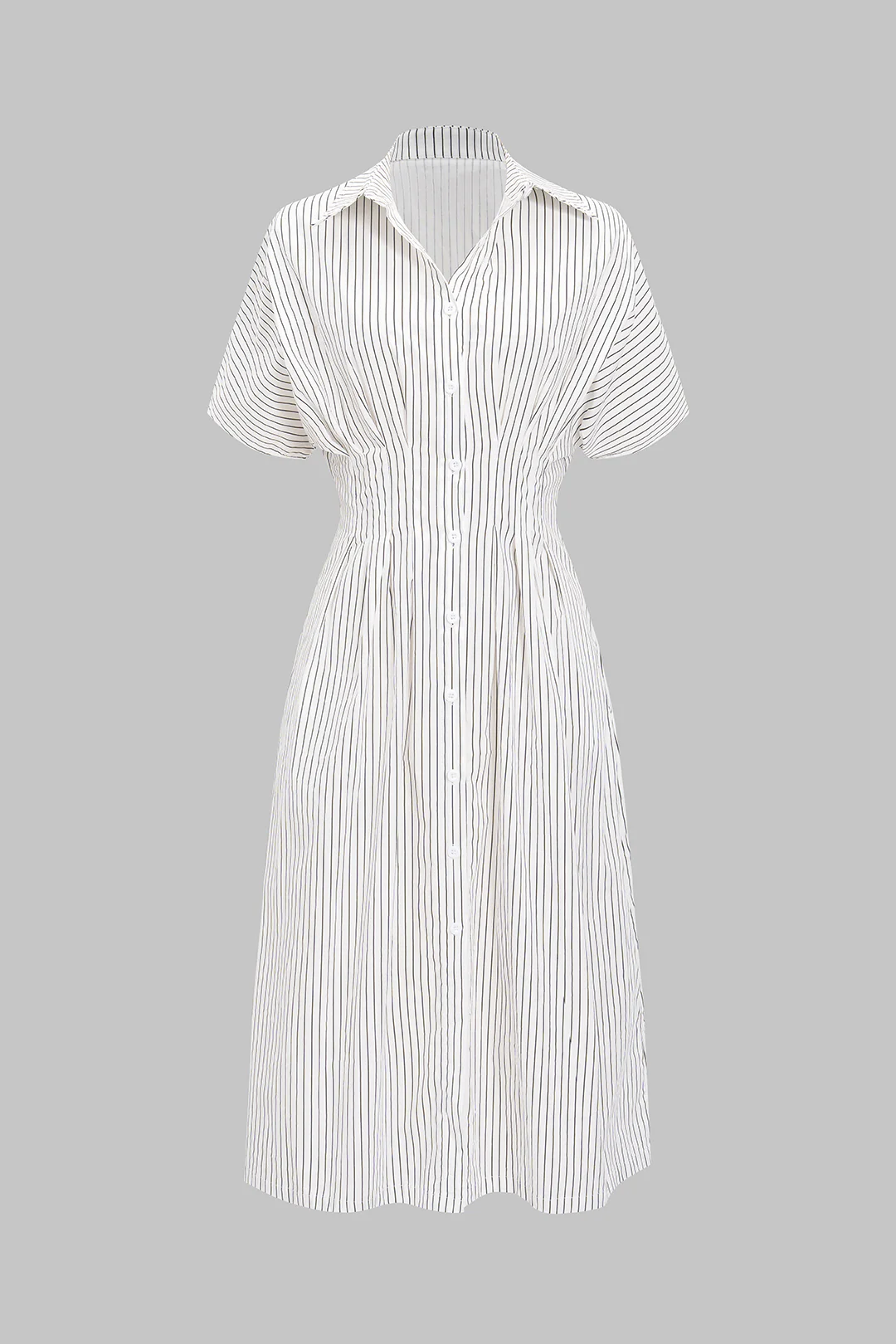 Stripes Print Button Ruched Short Sleeve Maxi Dress - Flockneti