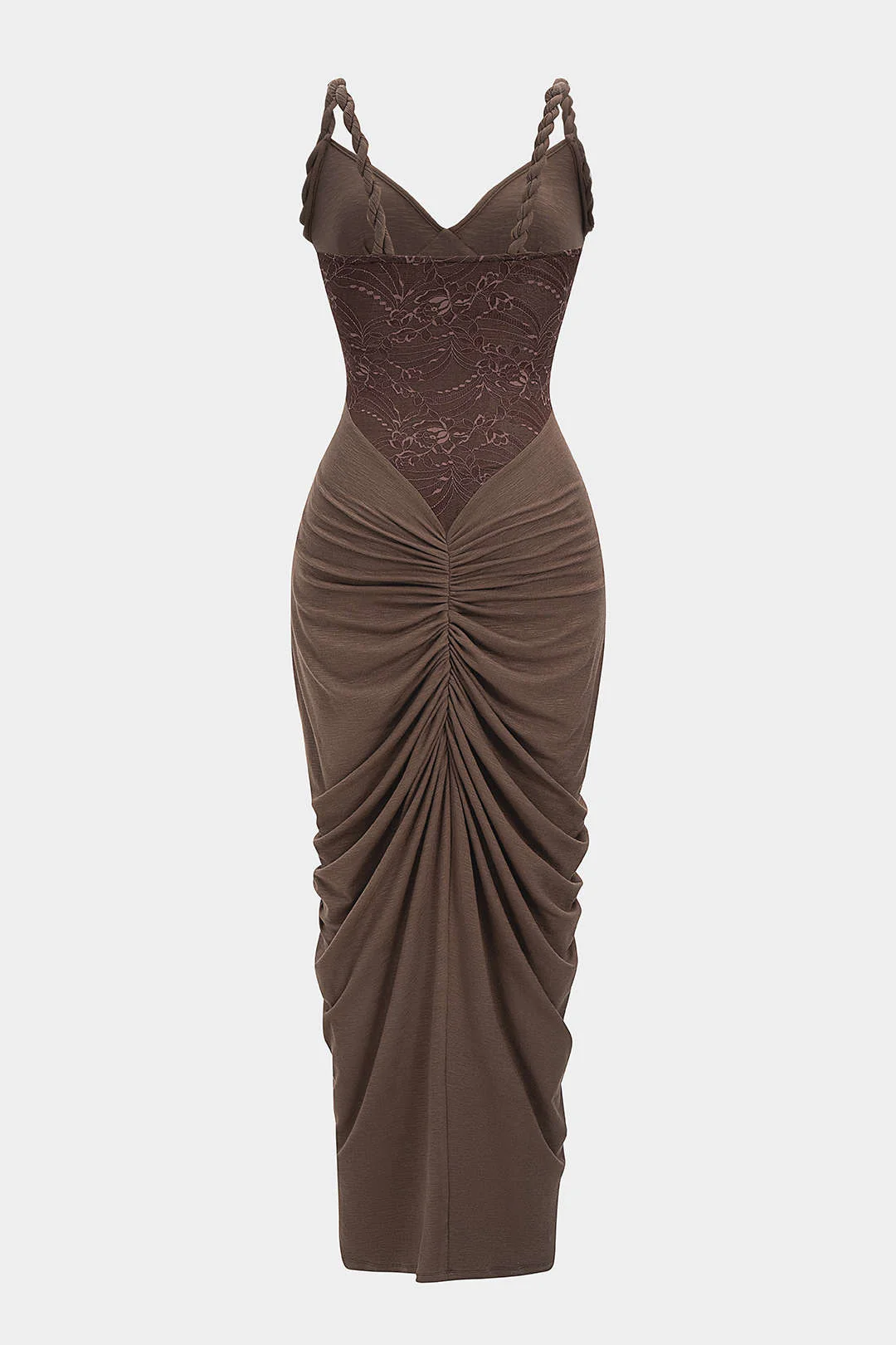 Lace Patchwork Ruched Twist Knot Slip Sleeveless Maxi Dress - Flockneti