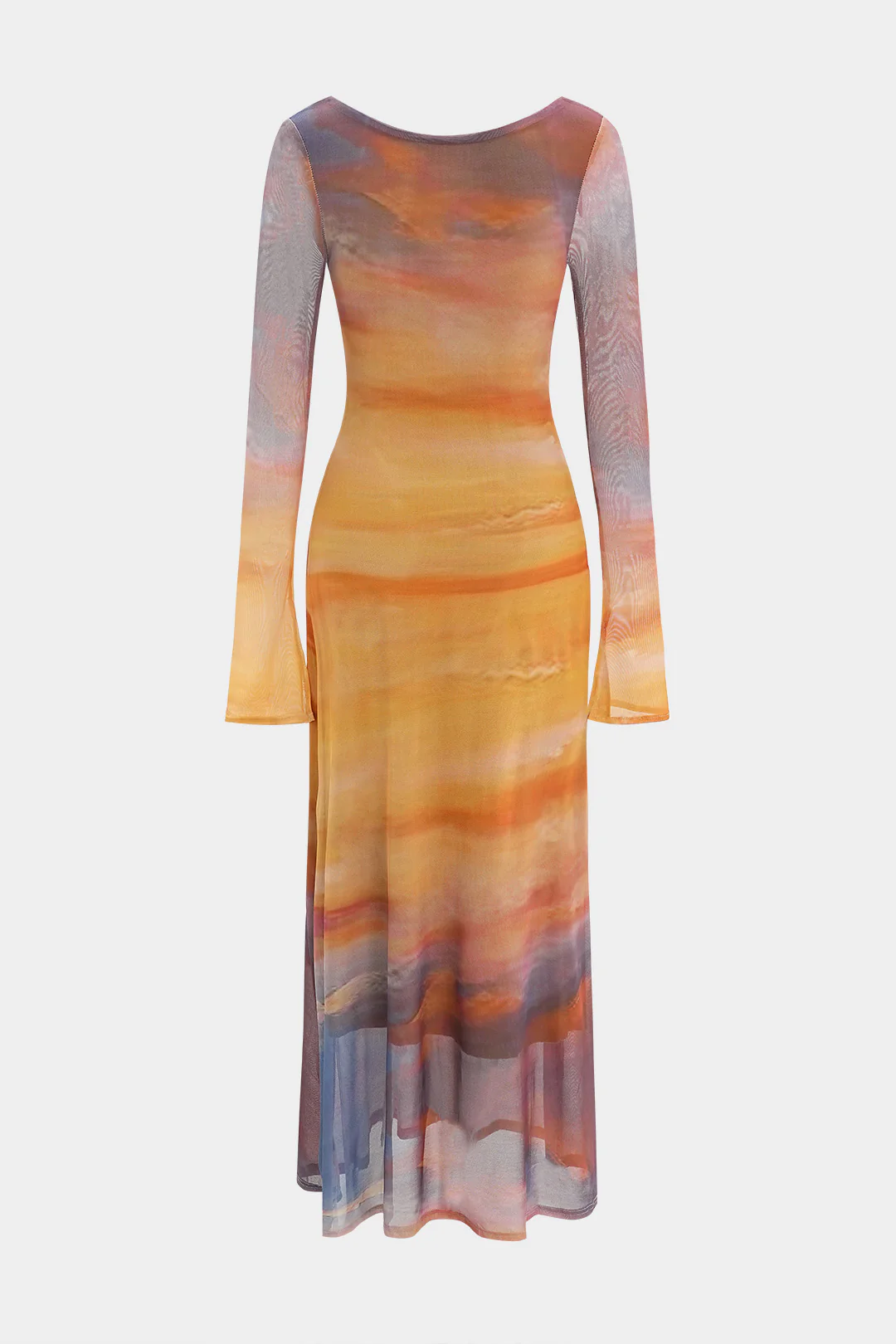 Tie Dye Print Mesh Ruched Long Sleeve Maxi Dress - Flockneti