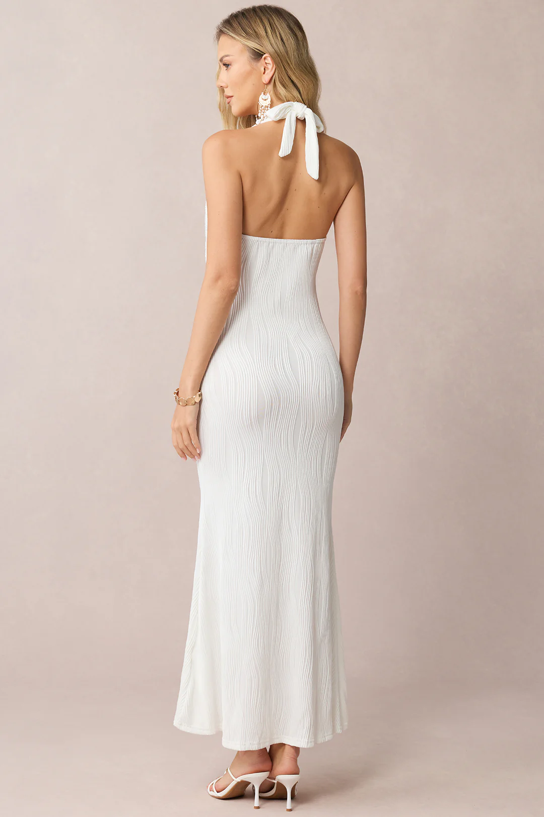 Halter Neck Tie Back Backless Metallic Decor Sleeveless Maxi Dress - Flockneti