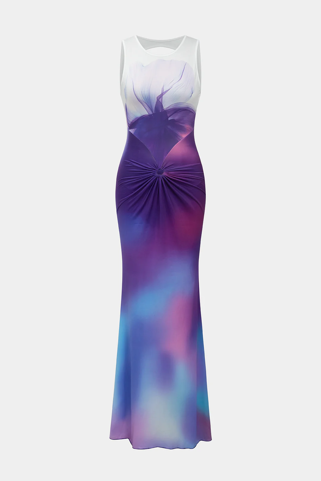 Ombre Floral Print Backless Ruched Sleeveless Maxi Dress - Flockneti