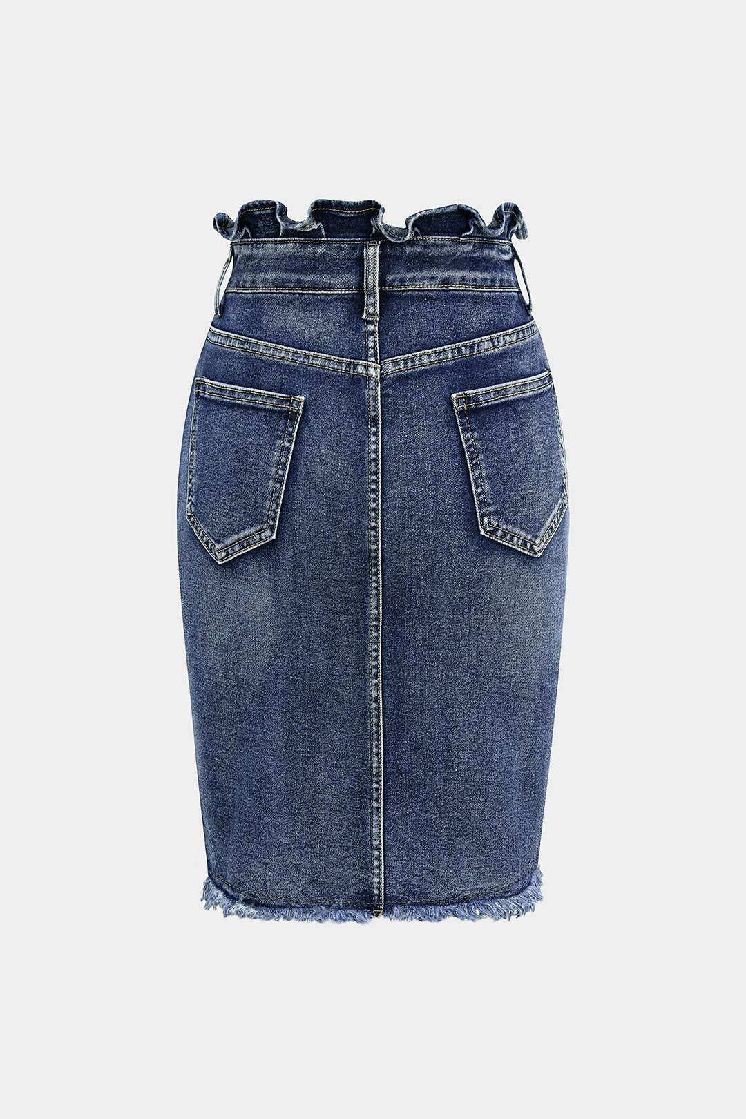 Denim Ruffle Asymmetrical Frayed Skirt - Flockneti