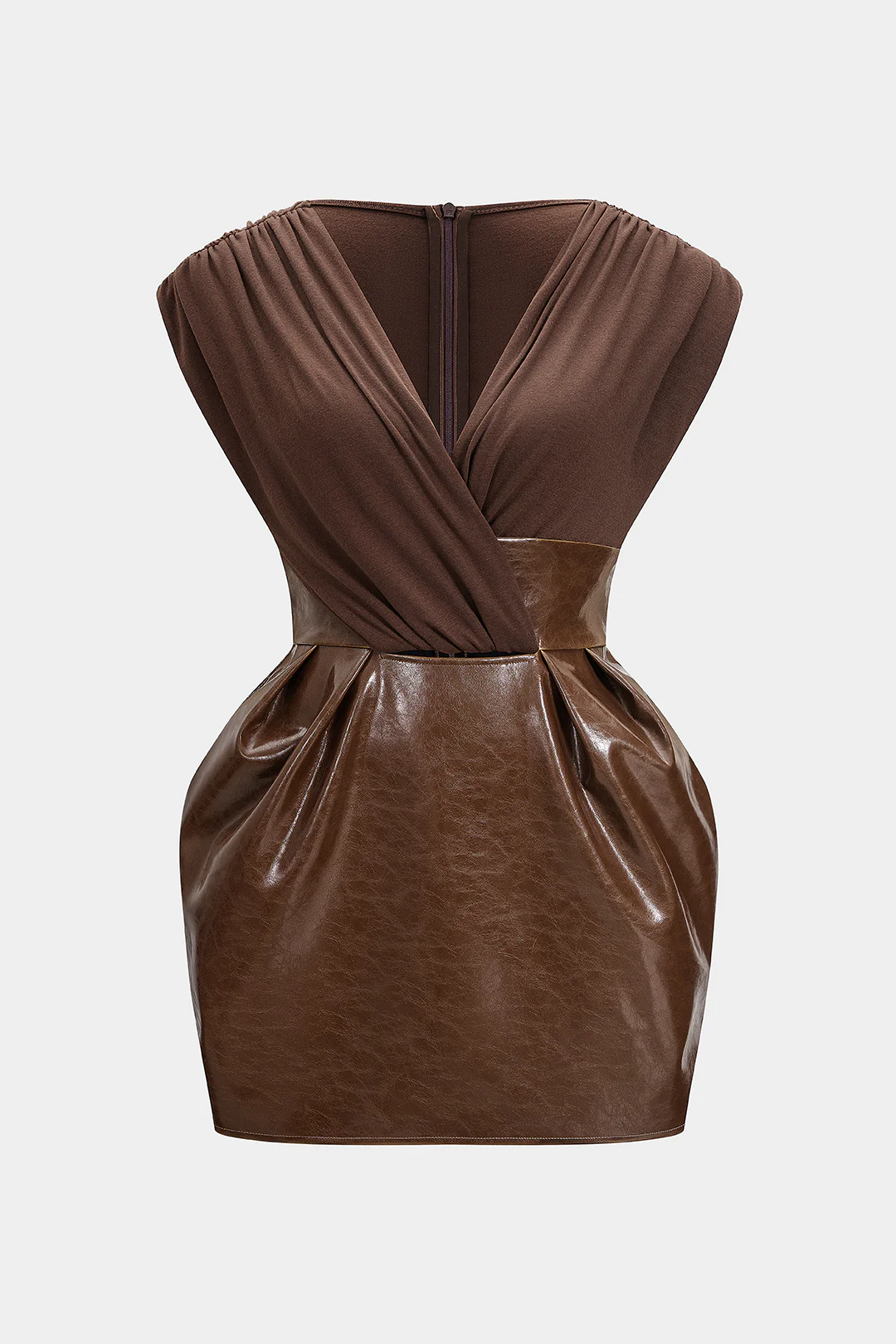 Plus Size Faux Leather Patchwork V-Neck Ruched Sleeveless Mini Dress - Flockneti