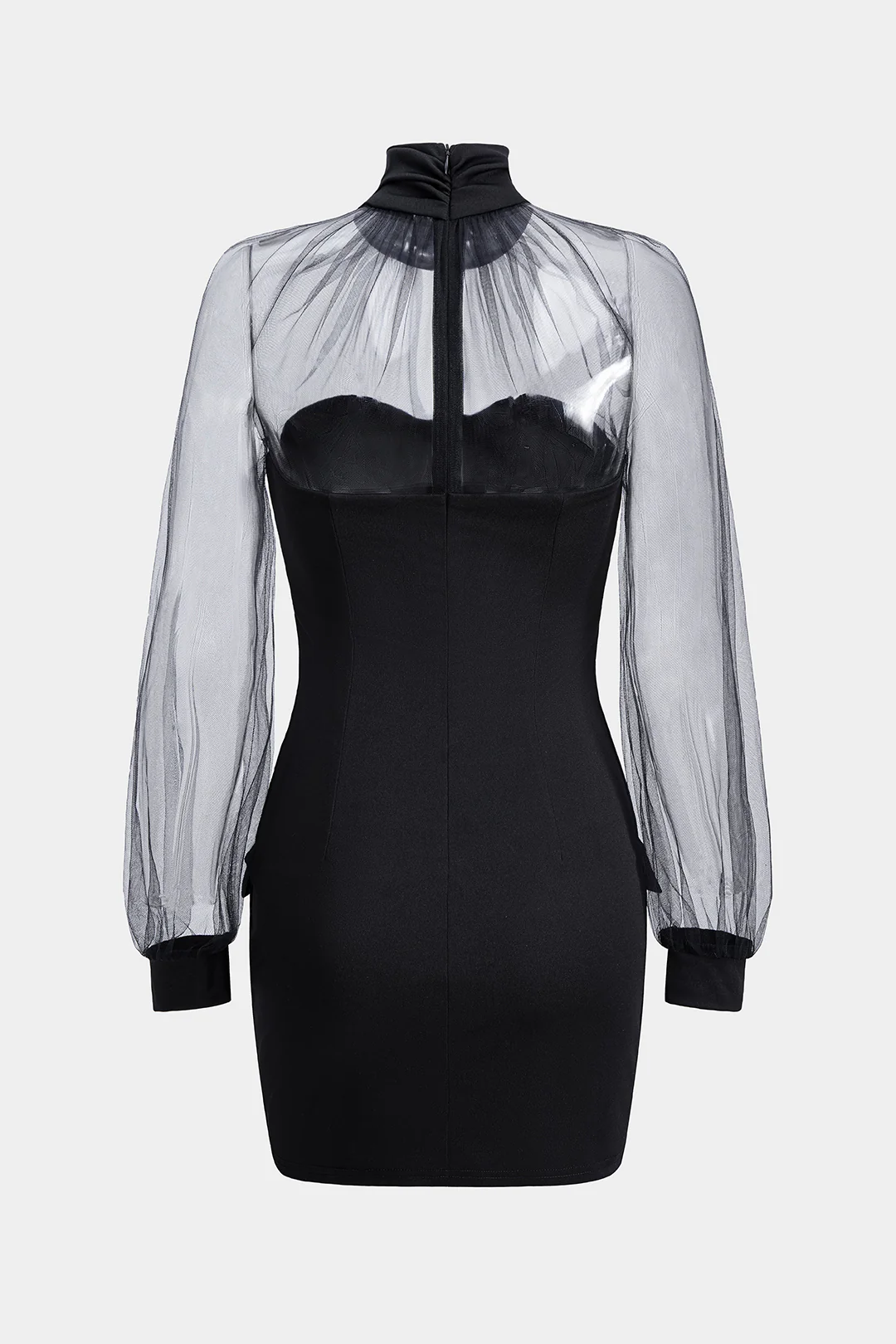 Mesh Patchwork High Neck Long Sleeve Mini Dress - Flockneti