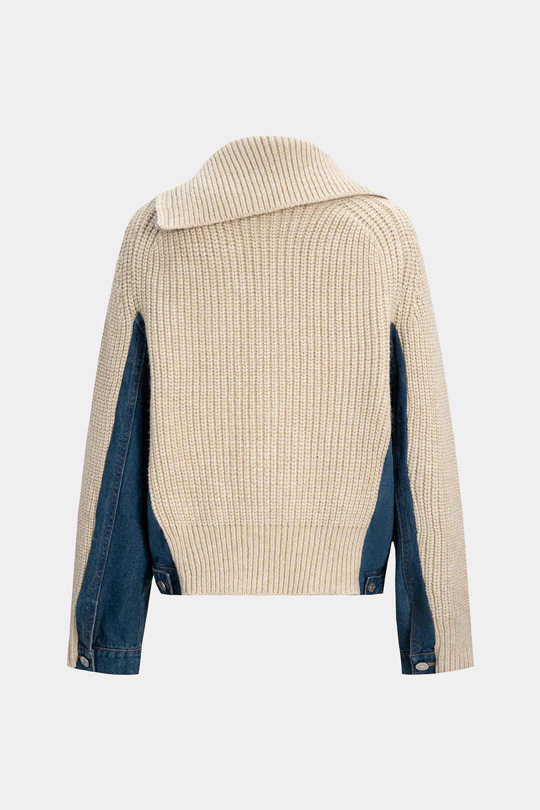 Knit Denim Patchwork Asymmetric Zipper Cardigan - Flockneti
