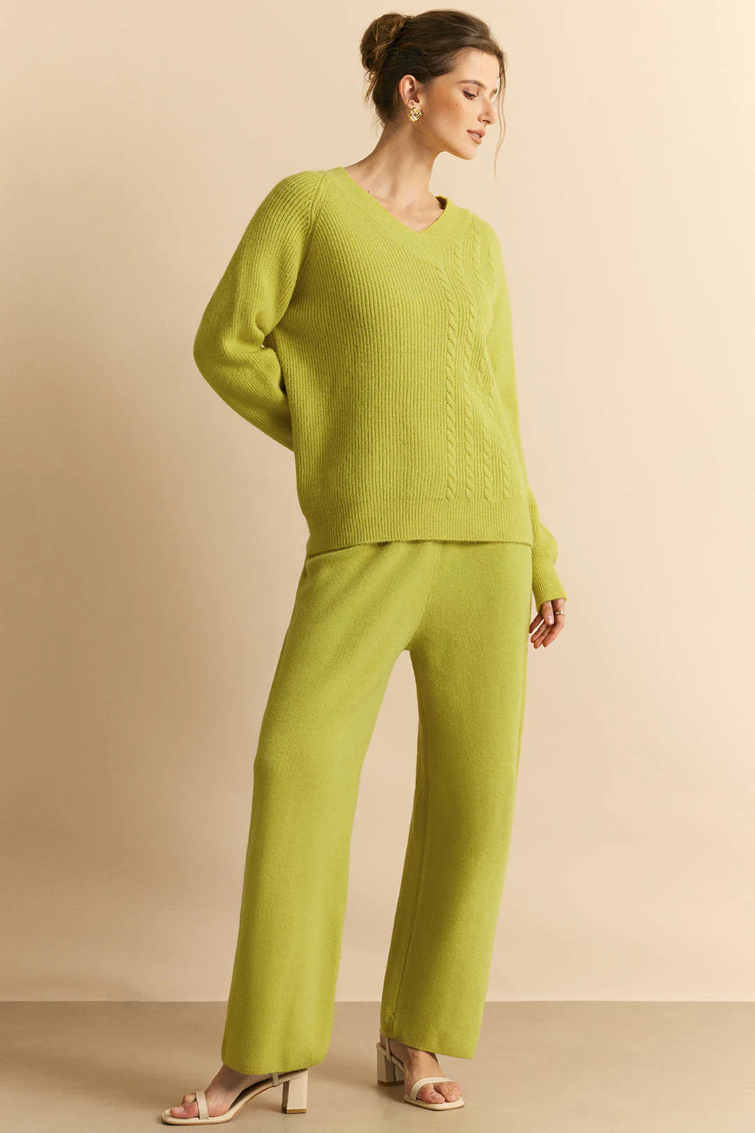 Cable Knit V-Neck Long-Sleeve Top And Wide Leg Pants Set - Flockneti