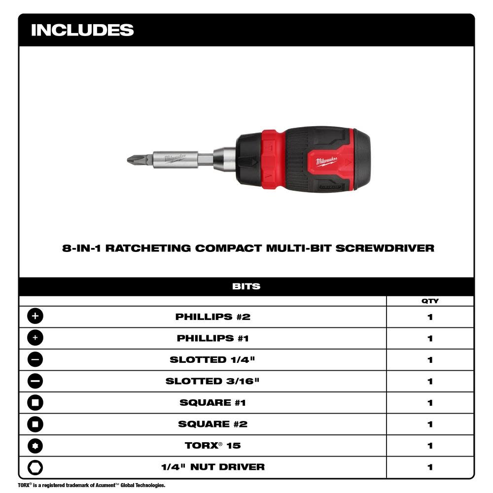 Milwaukee 8-in-1 Ratcheting Compact Multi-Bit Screwdriver - Flockneti