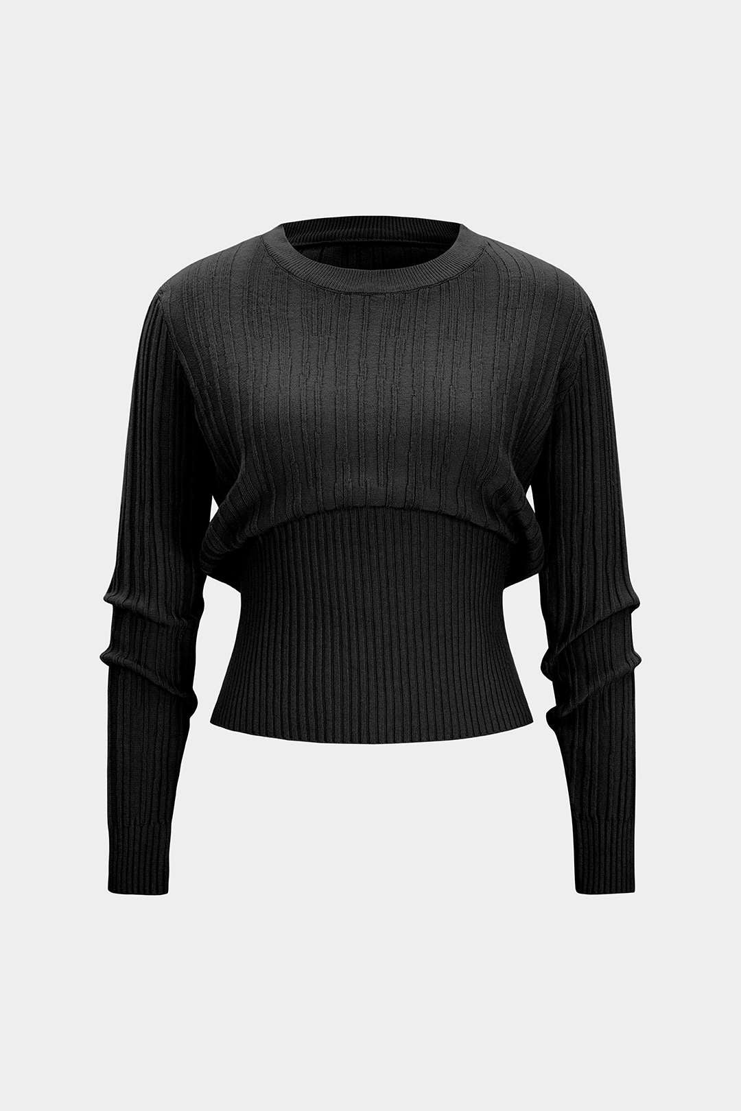 Knit Round Neck Waist-Cinching Long-Sleeve Top - Flockneti