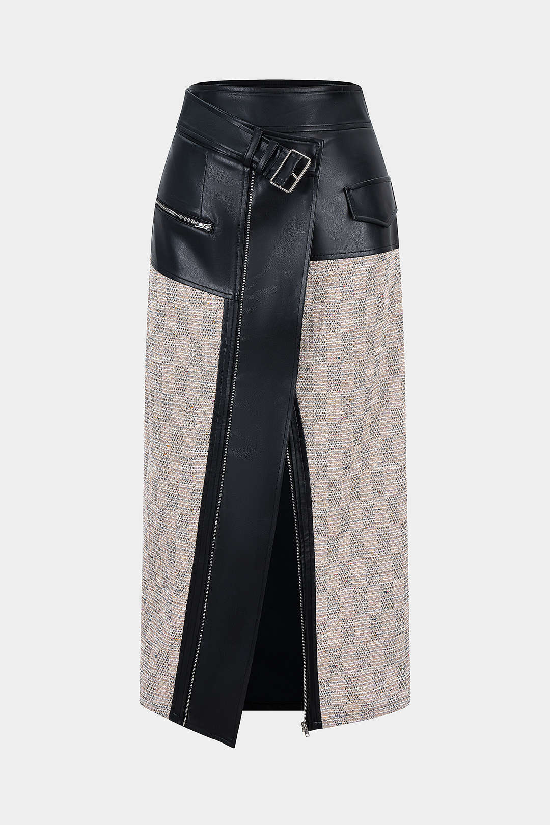 Faux Leather Patchwork Asymmetrical Zipper Split Skirt - Flockneti