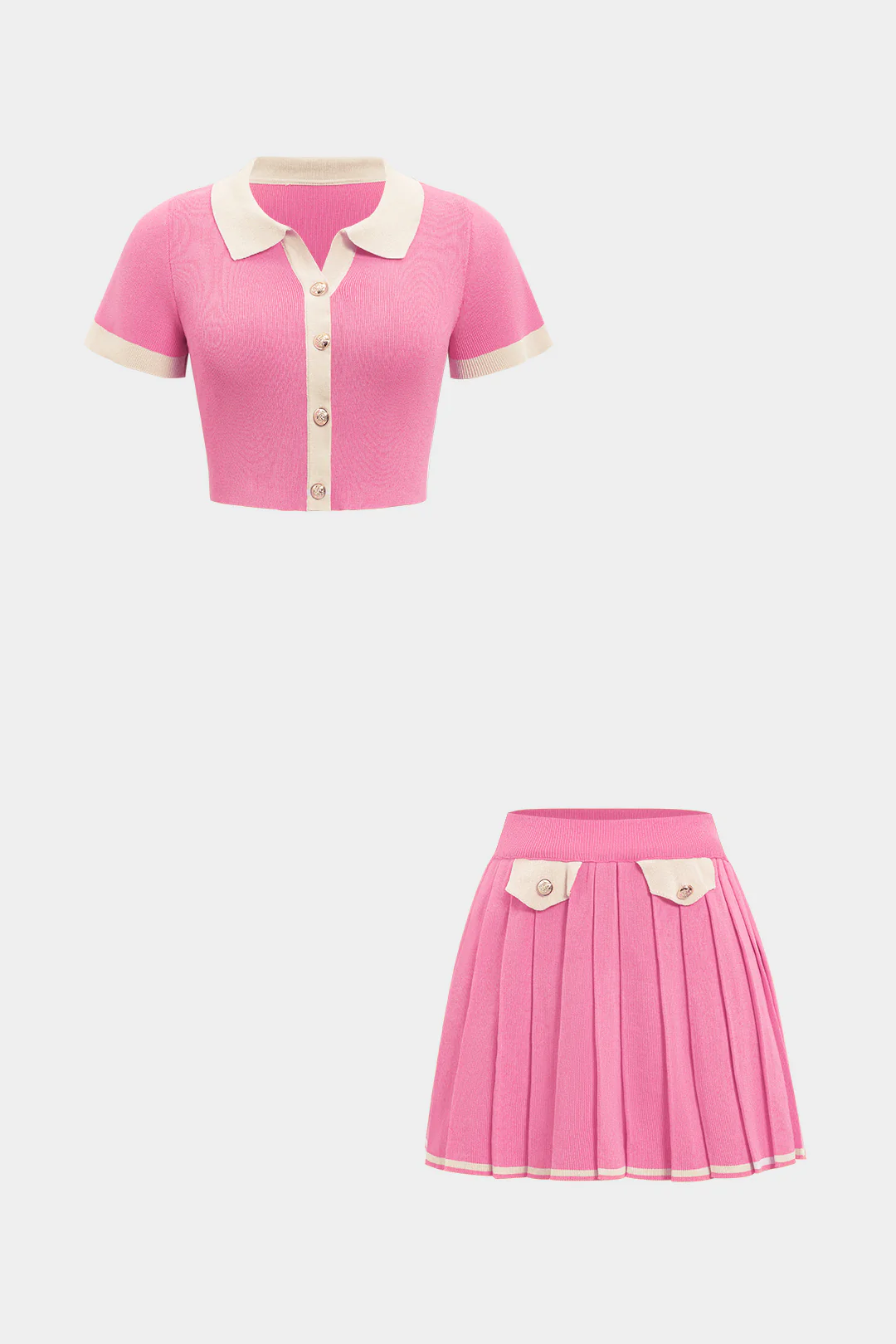 Knit Contrast Binding Short-Sleeve Top And Pleated Mini Skirt Set - Flockneti