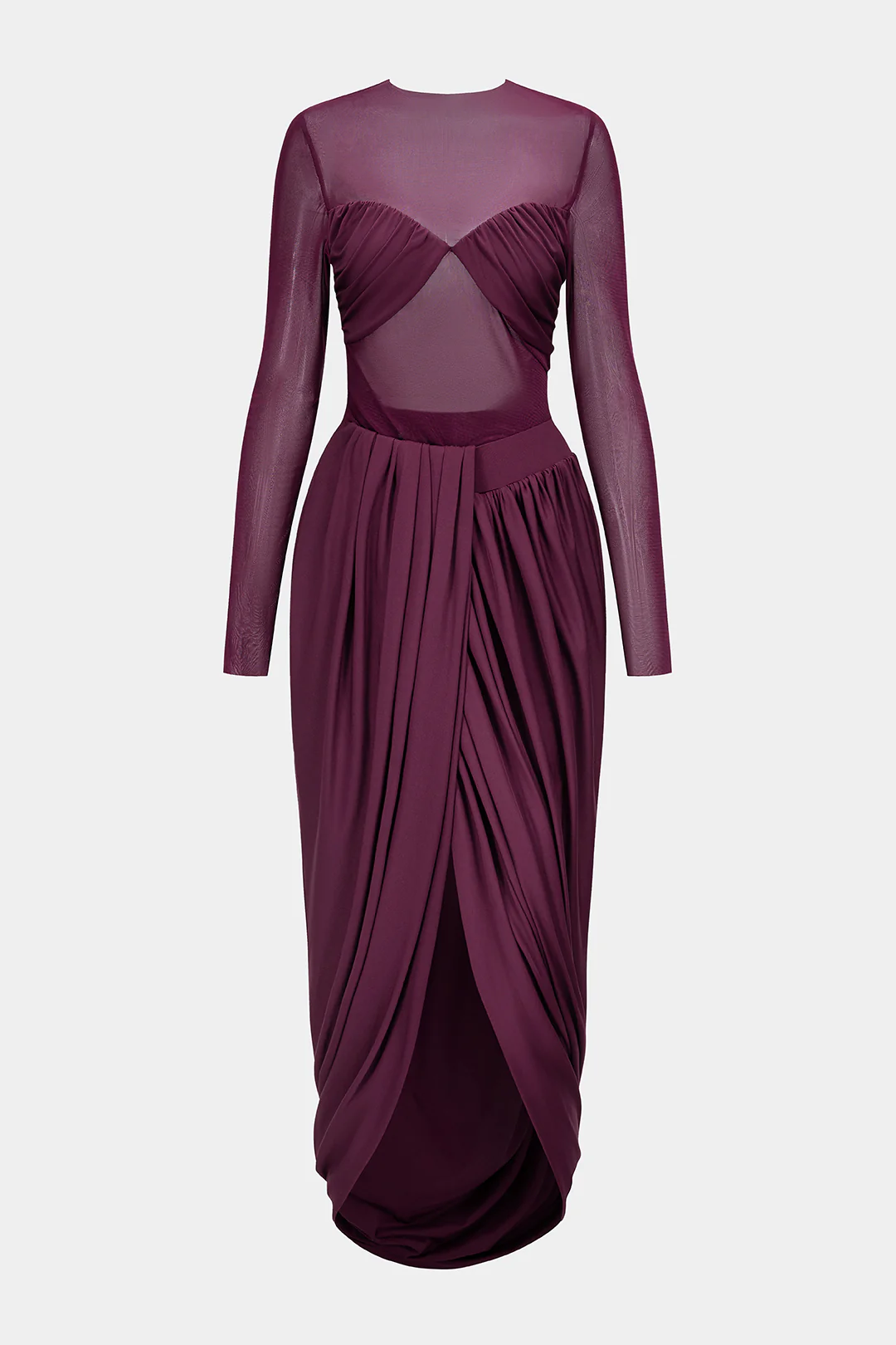Mesh Patchwork Round Neck Ruched Long Sleeve Midi Dress - Flockneti