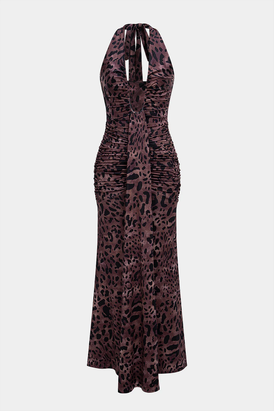 Leopard Print Halter Neck Backless Tie-Up Sleeveless Maxi Dress - Flockneti