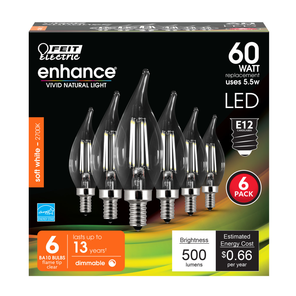 Feit Electric 60W CA10 2700K Dimmable Flame Tip LED Bulb 6pk - Flockneti