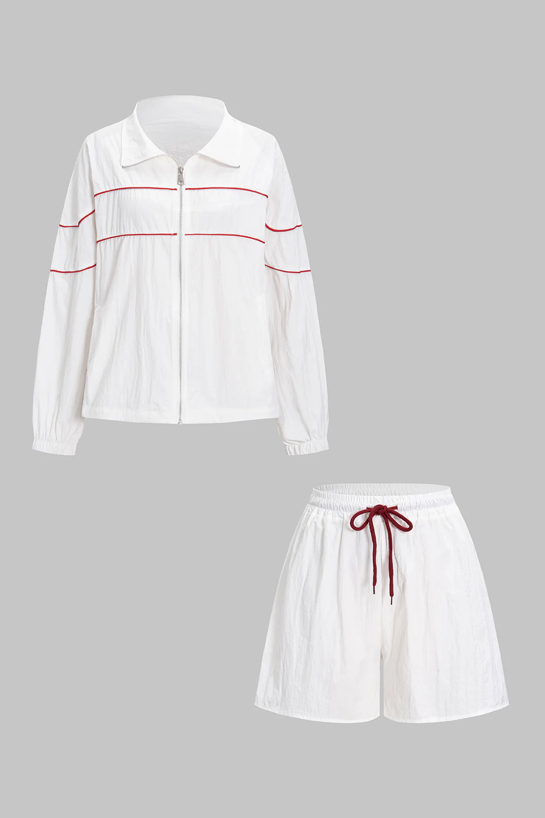 Contrast Binding Zipper Long-Sleeve Top And Tie-Up Wide Leg Shorts Set - Flockneti