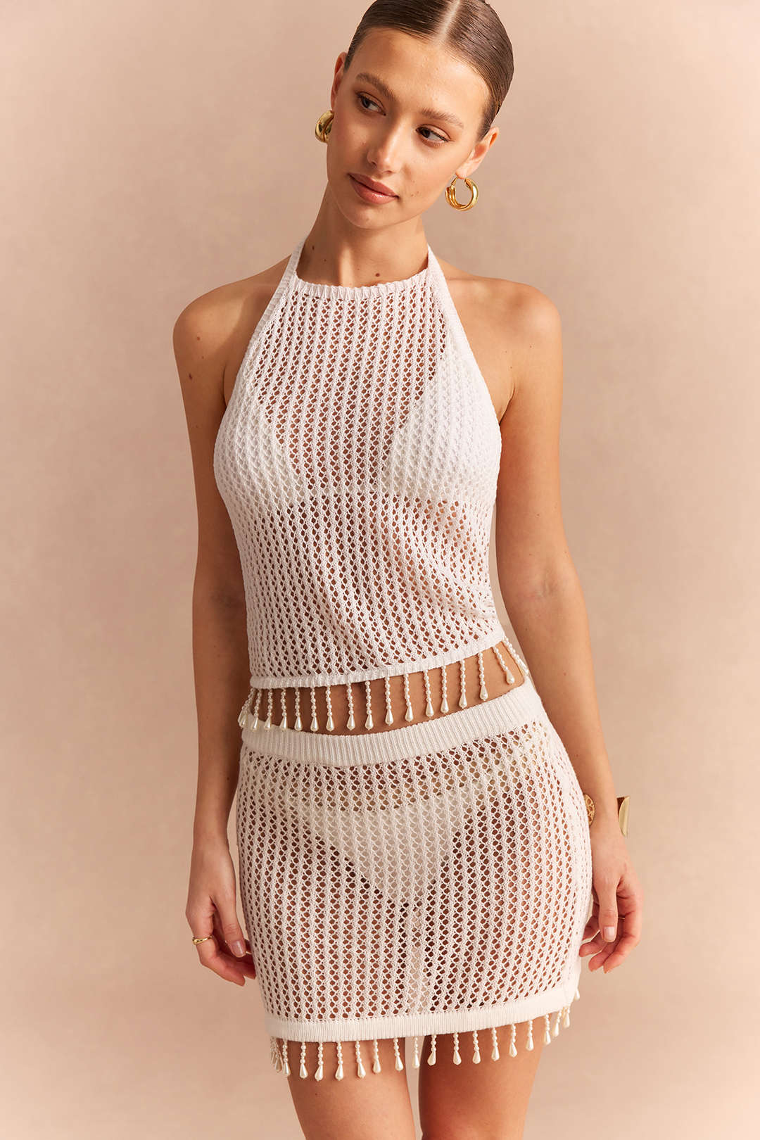 Knit Hollow Out Fringe Halter Tie Back Top And Skirt Set - Flockneti