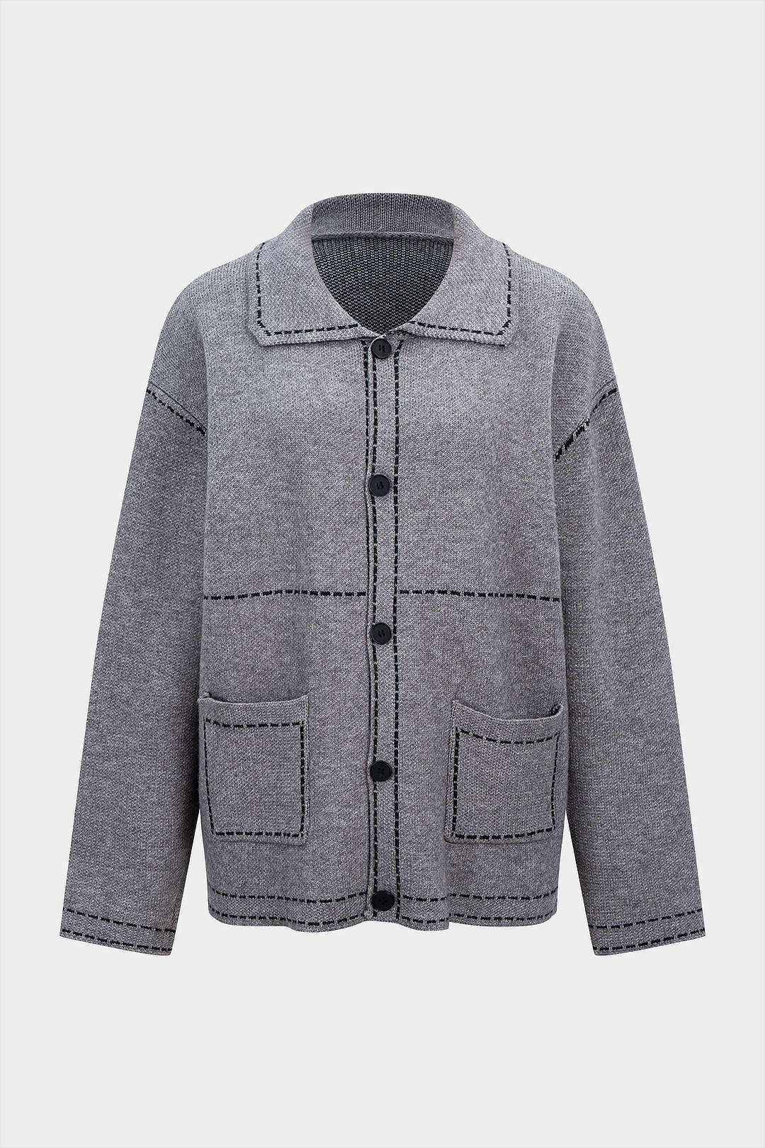 Knit Contrast Line Lapel Cardigan - Flockneti