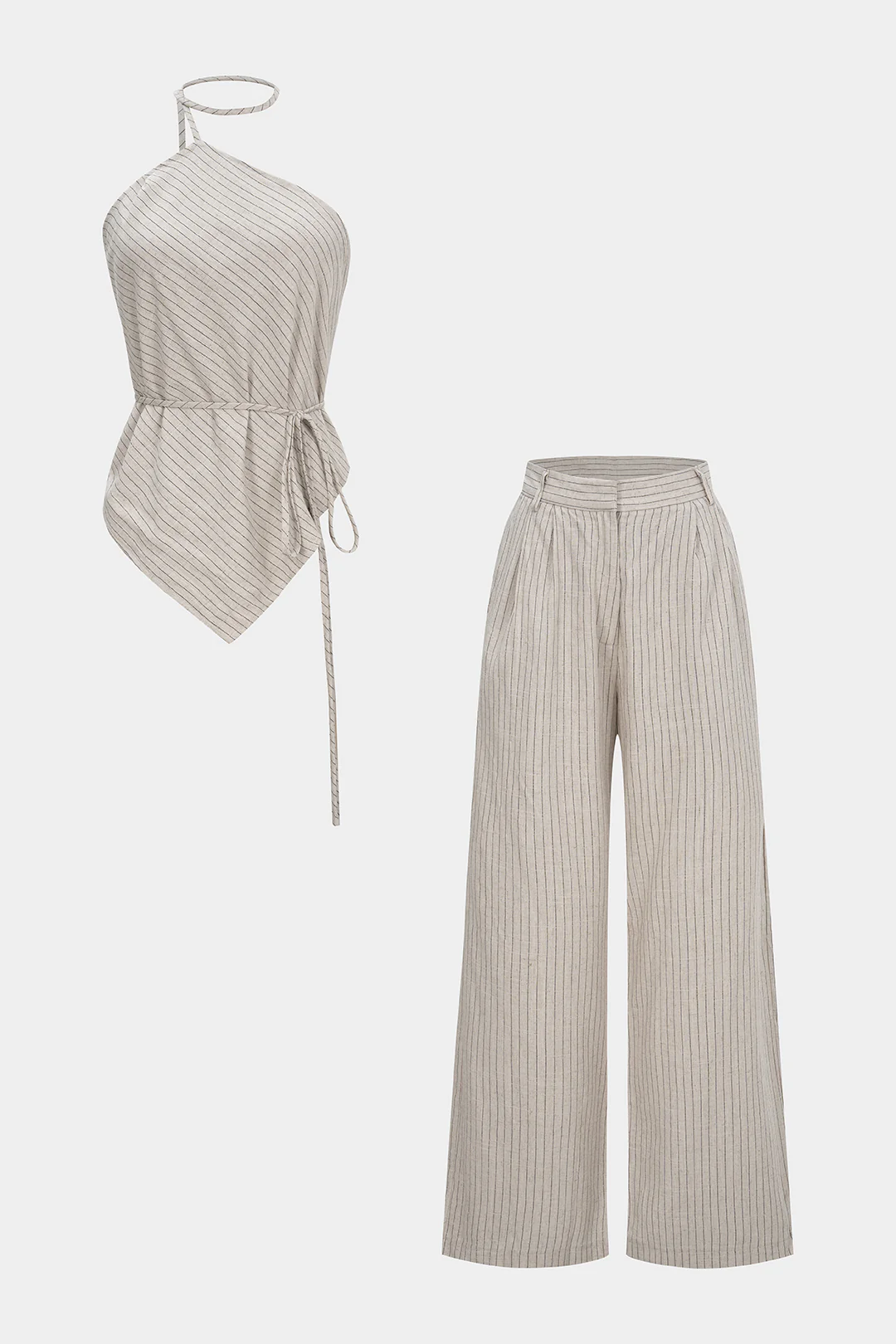 Stripes Print Halter Tie-Up Backless Top And Wide Leg Pants Set - Flockneti