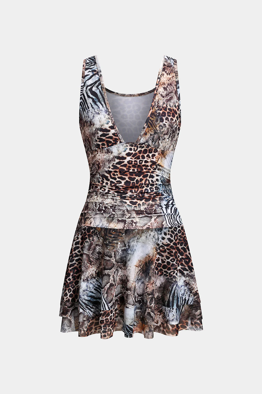 Mesh Leopard Print V-Neck Ruched Sleeveless Mini Dress - Flockneti
