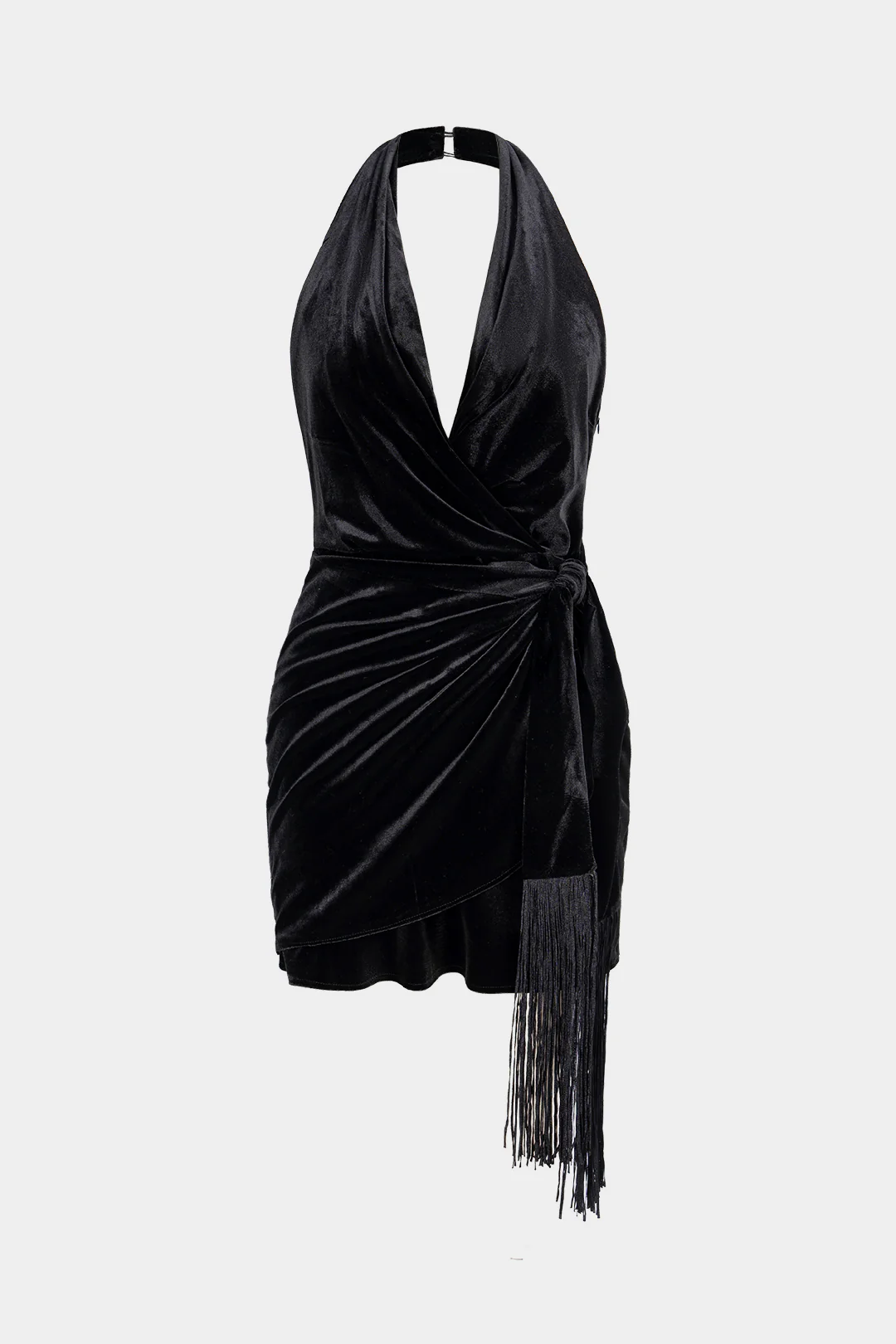 Velvet Halter Neck Fringe Backless Sleeveless Mini Dress - Flockneti