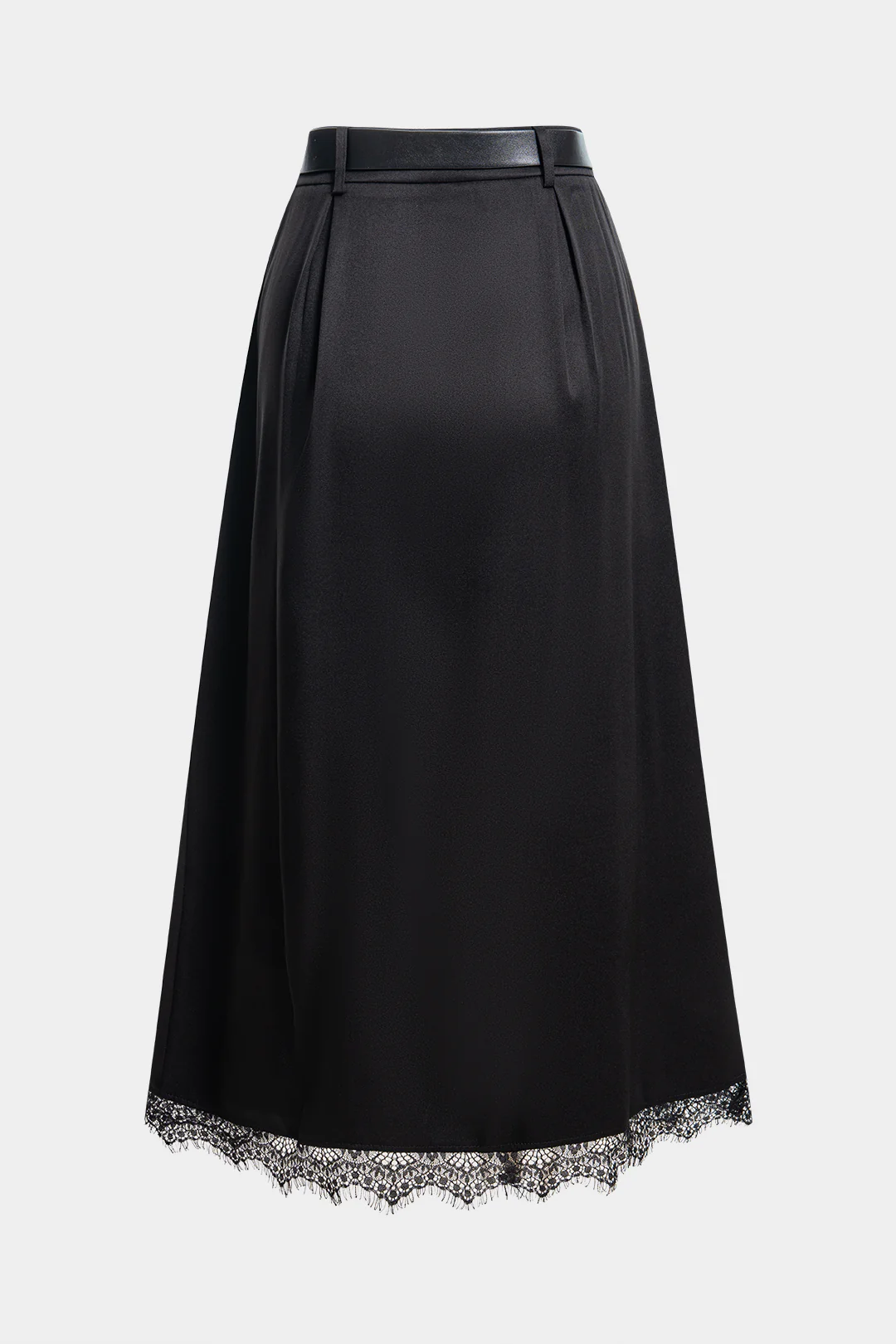 Satin Patchwork Lace Trim Belted High Waist Skirt - Flockneti