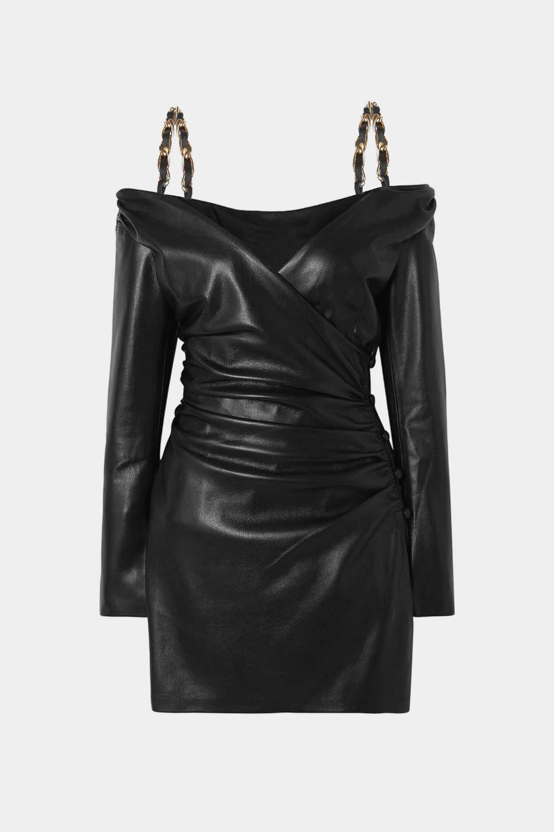 Faux Leather Chain Off Shoulder Long Sleeve Mini Dress - Flockneti