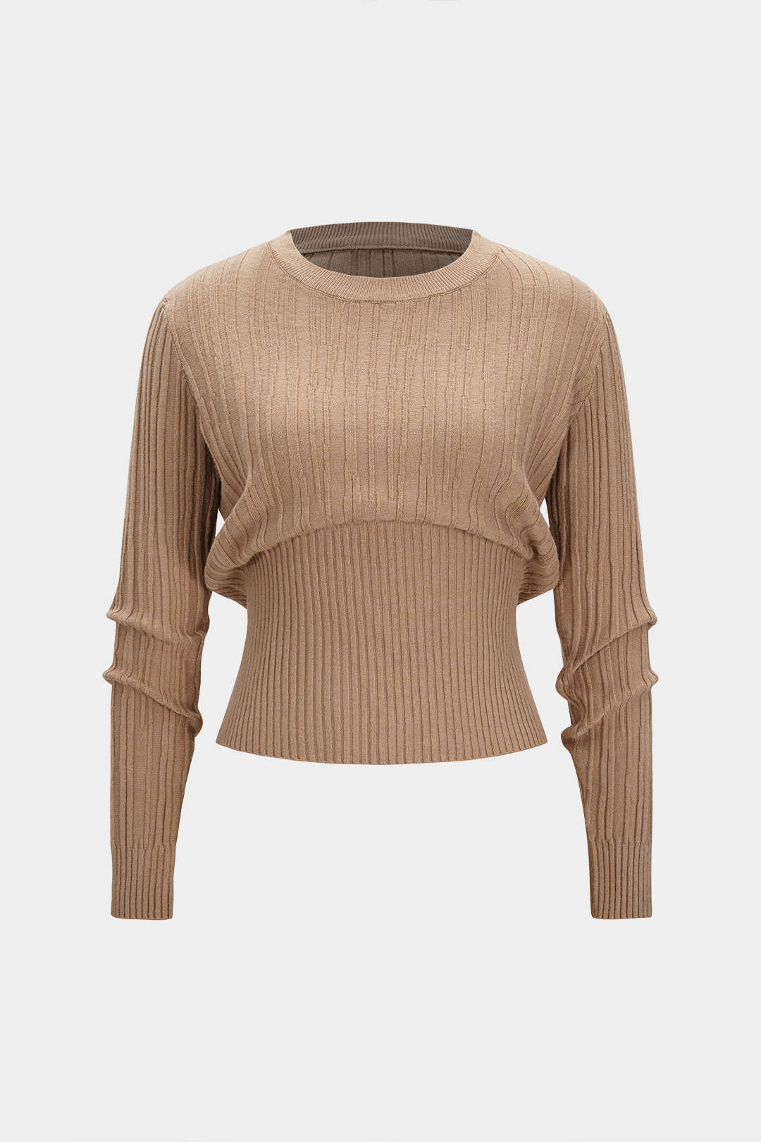 Knit Round Neck Waist-Cinching Long-Sleeve Top - Flockneti