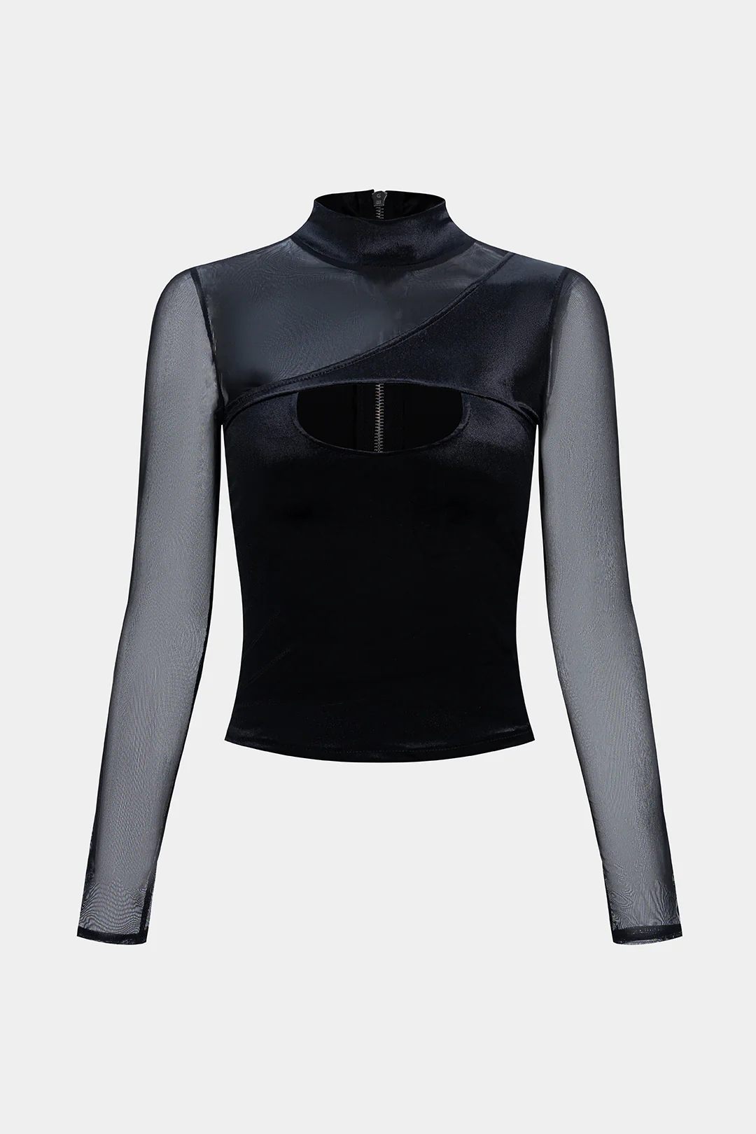 Mesh Patchwork Velvet Mock Neck Asymmetrical Cut Out Long-Sleeve Top - Flockneti