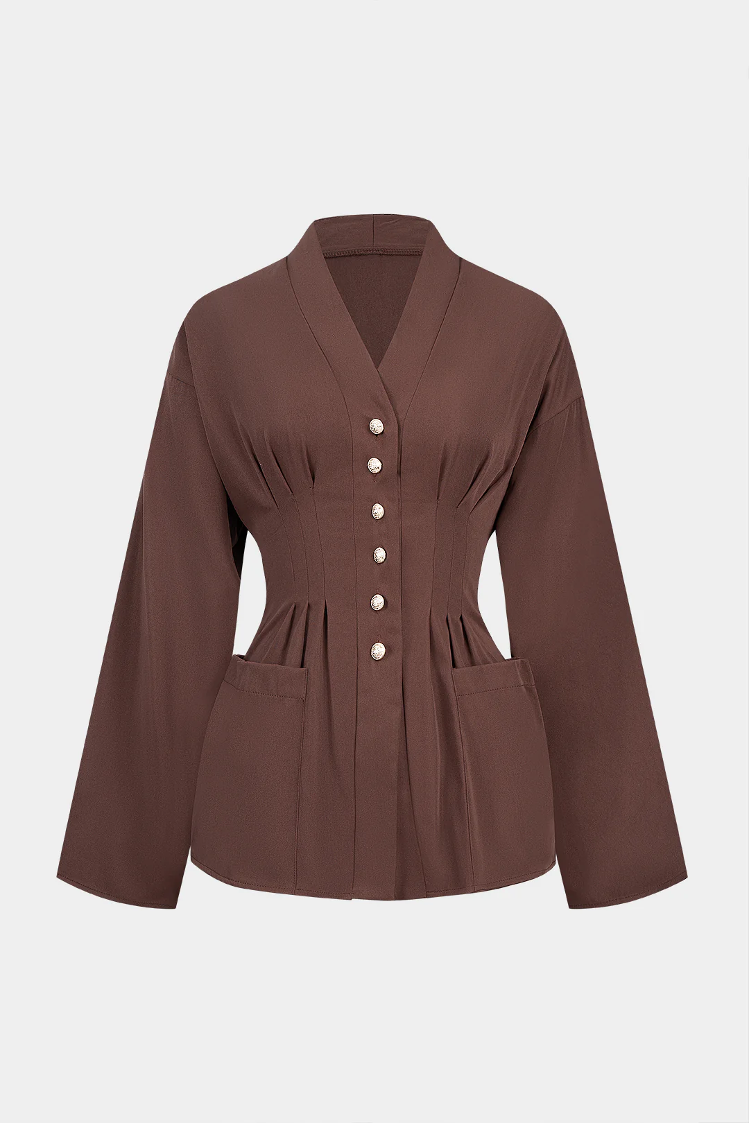 Metallic Button V-Neck Pocket Long-Sleeve Shirt - Flockneti