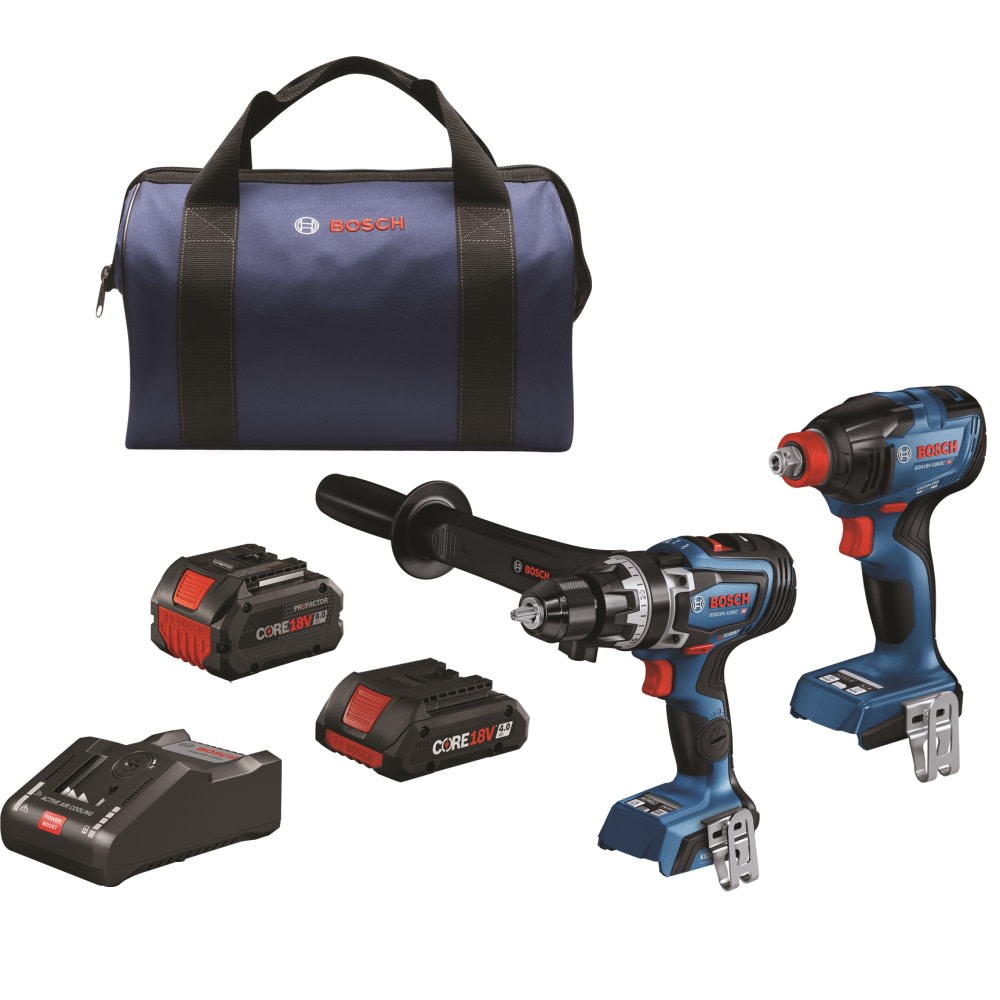 Bosch 18V 2 Tool Combo Kit with Socket Ready Impact Driver Brute Tough 1/2″ Hammer Drill/Driver with 1 CORE18V 8Ah Performance Battery & 1 CORE18V 4Ah Compact Battery - Flockneti