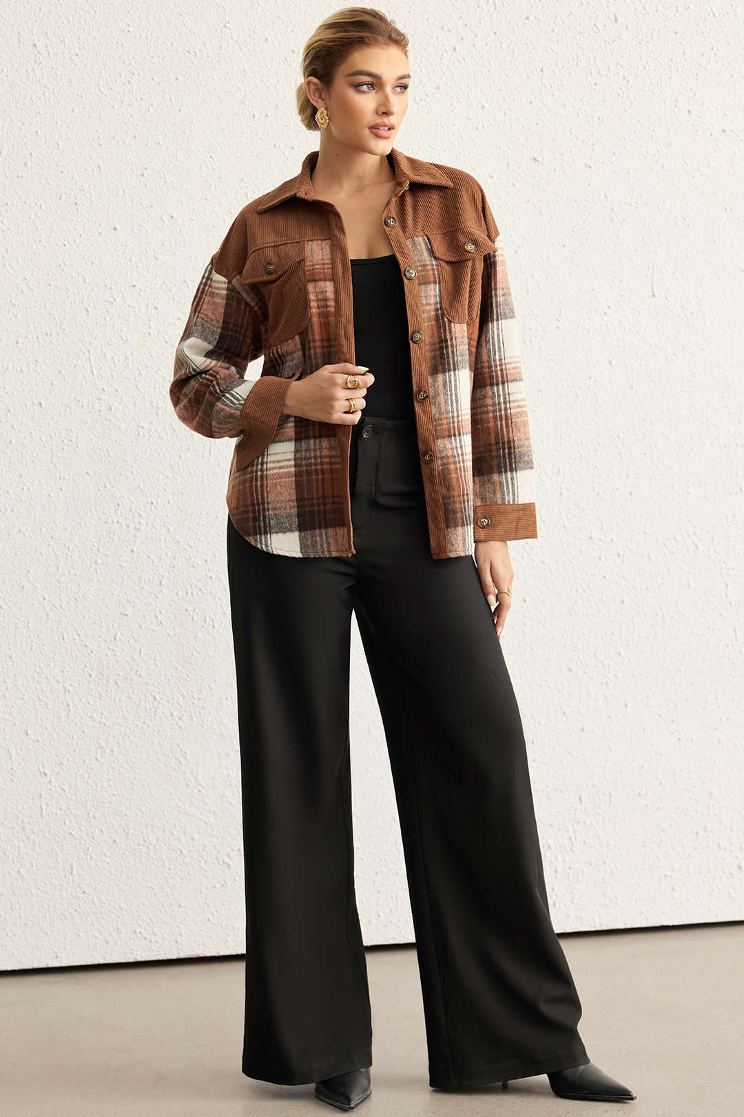 Plaid Print Corduroy Patchwork Button Pocket Long-Sleeve Shirt - Flockneti