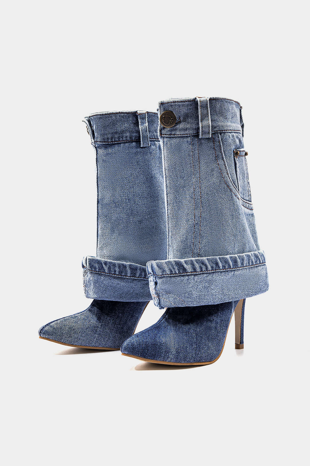 Washed Denim Wrinkled Patchwork Pointed Mid Calf Boots - Flockneti