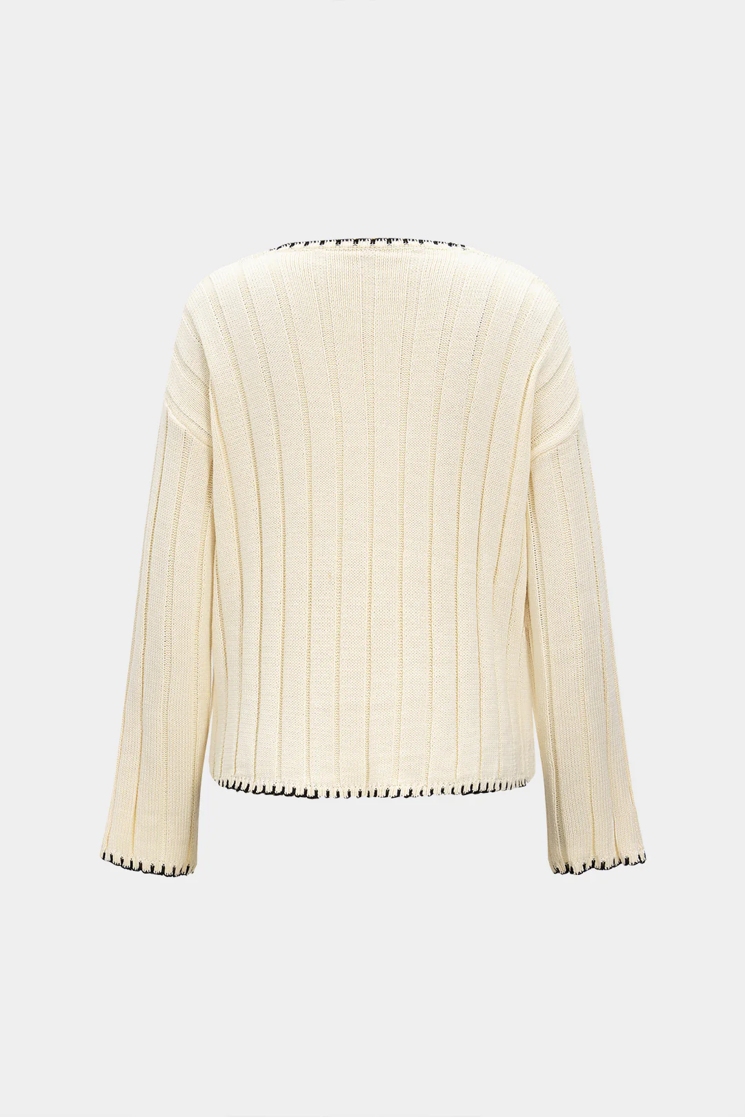 Knit V-Neck Contrast Binding Pocket Long-Sleeve Top - Flockneti