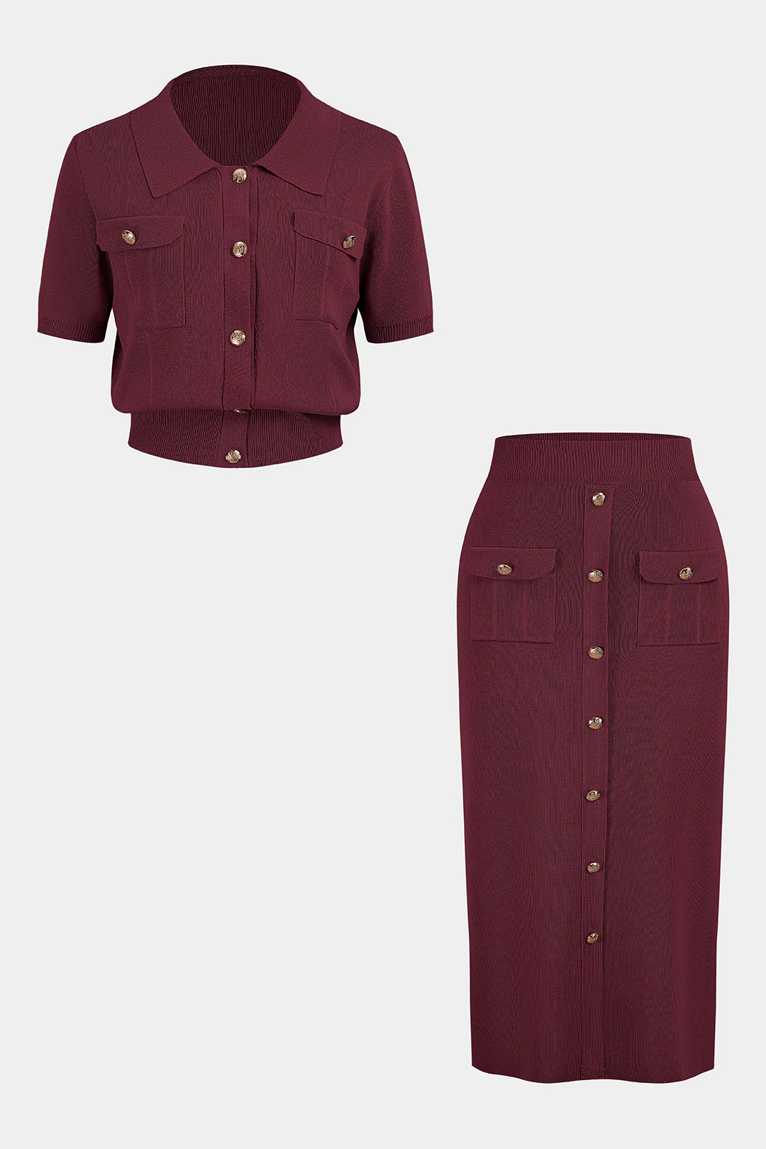 Plus Size Knit Button Short-Sleeve Cardigan And Pocket Skirt Set - Flockneti