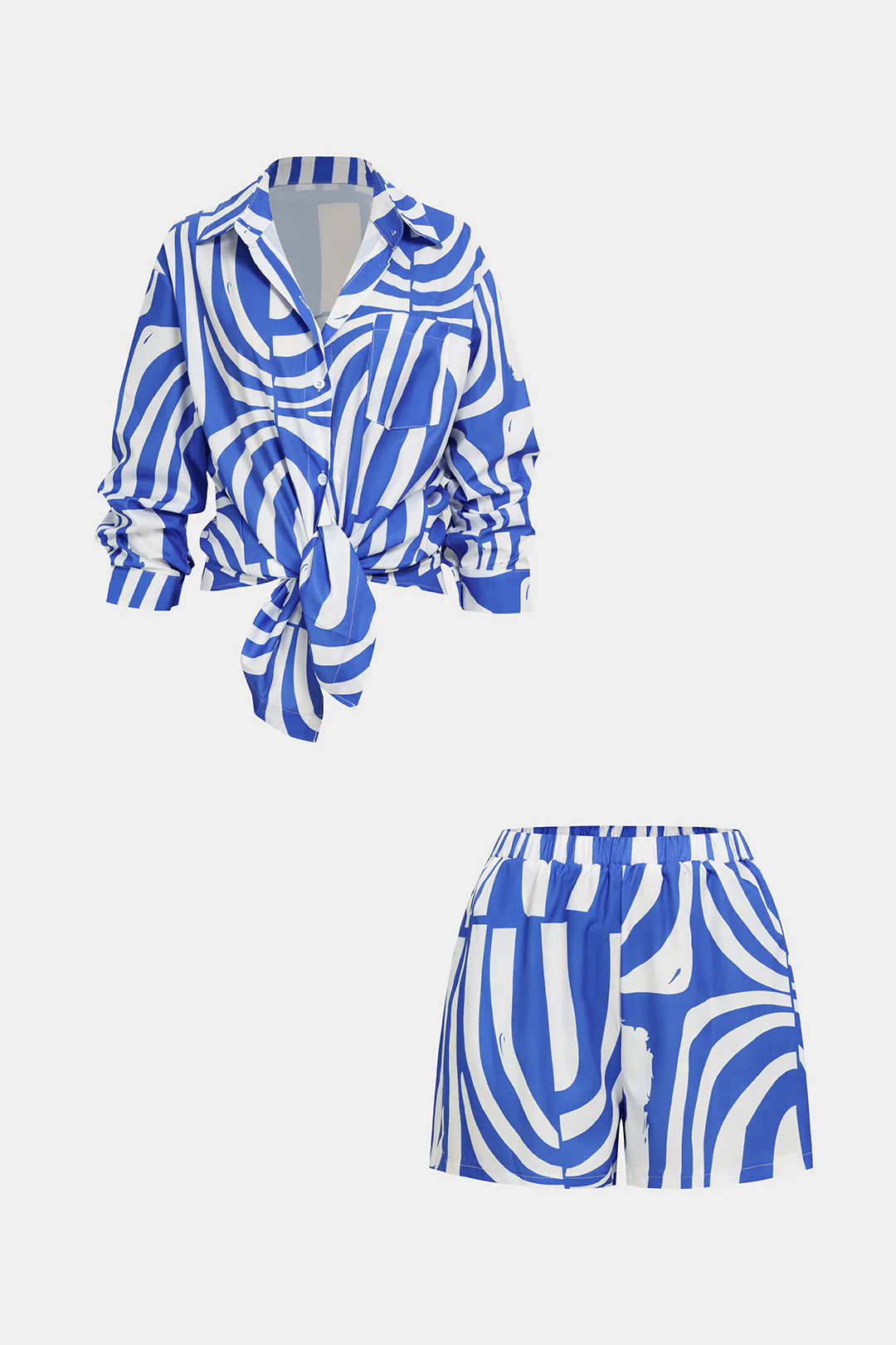 Abstract Print Lapel Long Sleeve Shirt And Shorts Set - Flockneti