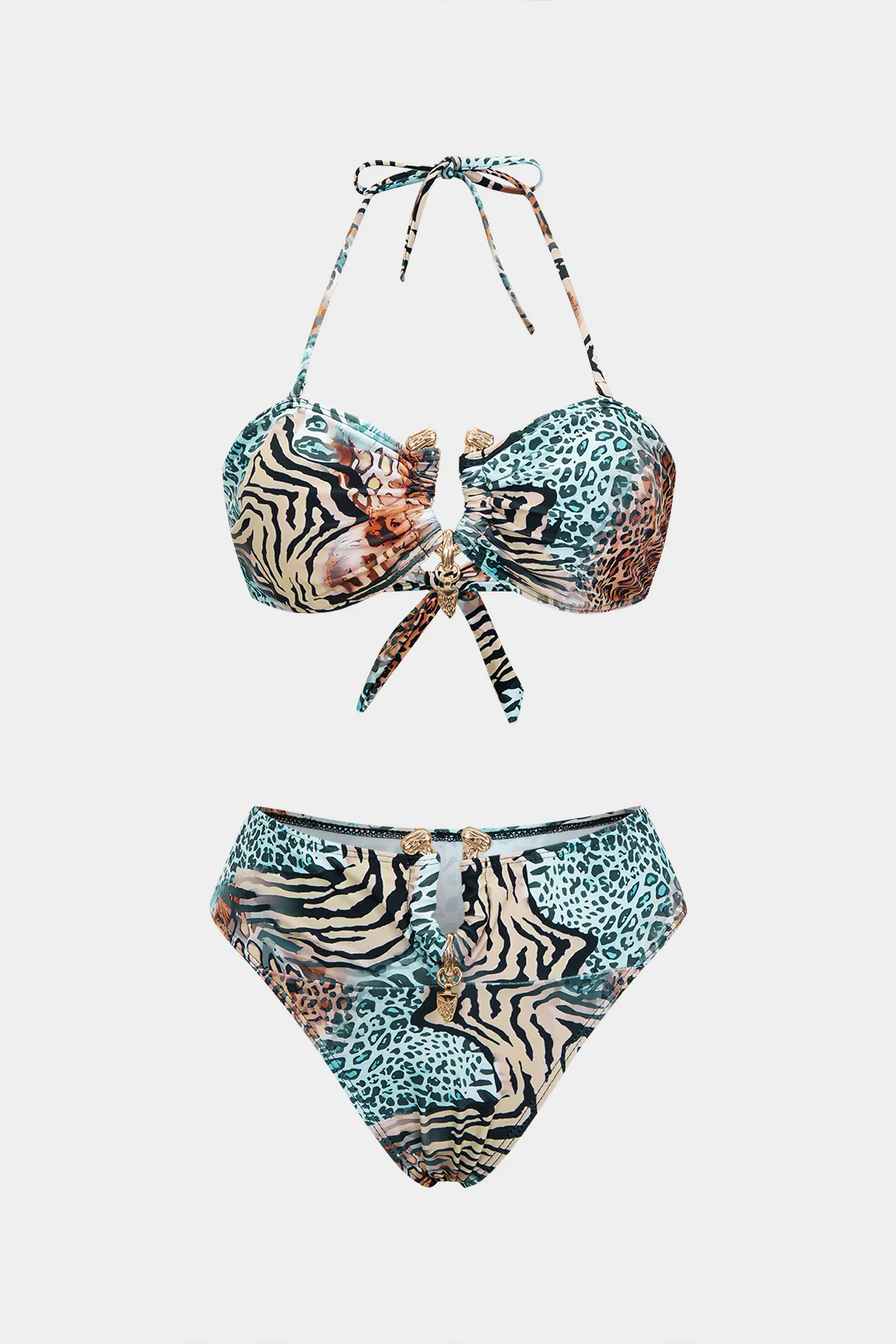 Leopard Print Metallic Decor Halter Tie Back Bikini Set - Flockneti