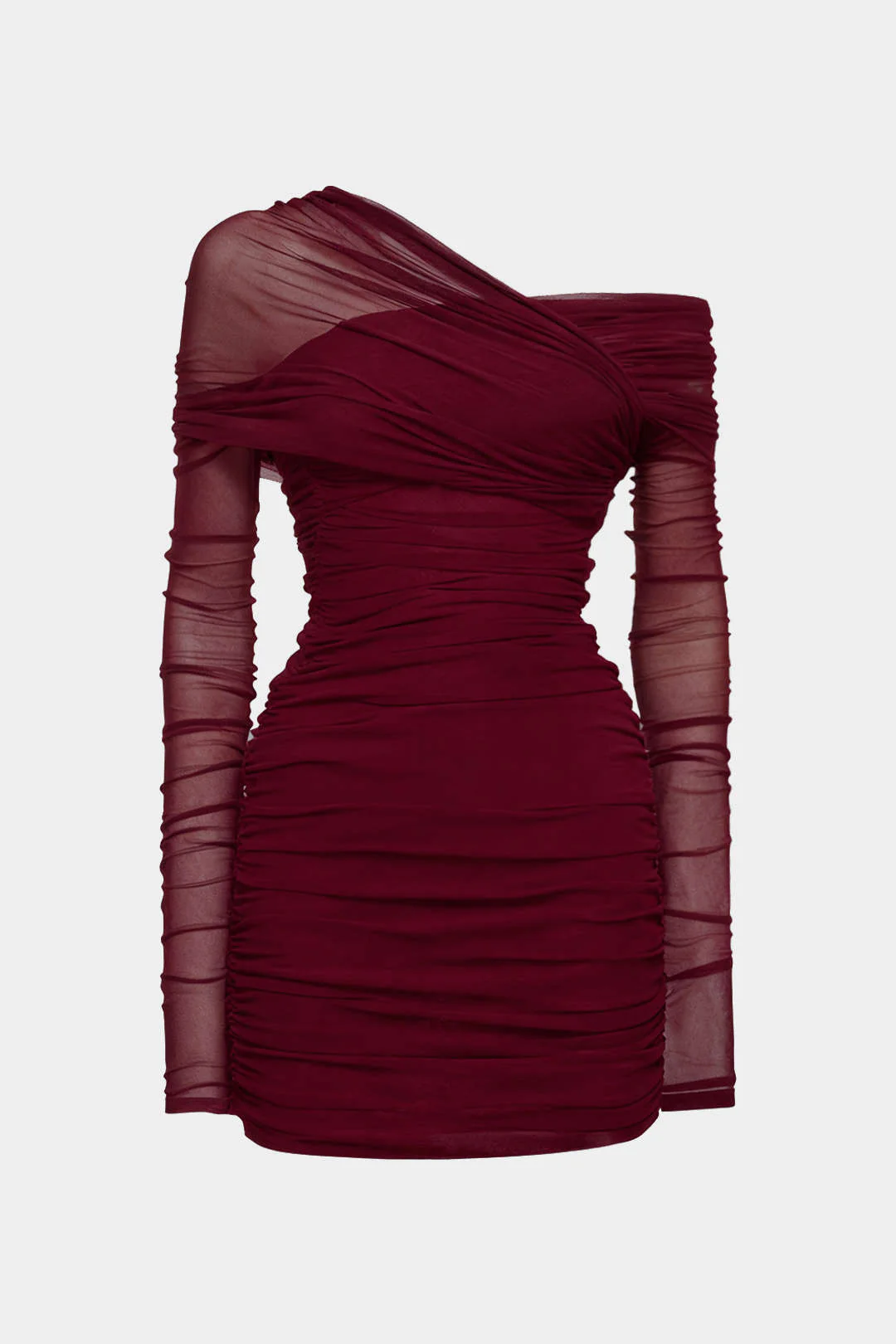 Sheer Mesh One Shoulder Long Sleeve Ruched Mini Dress - Flockneti