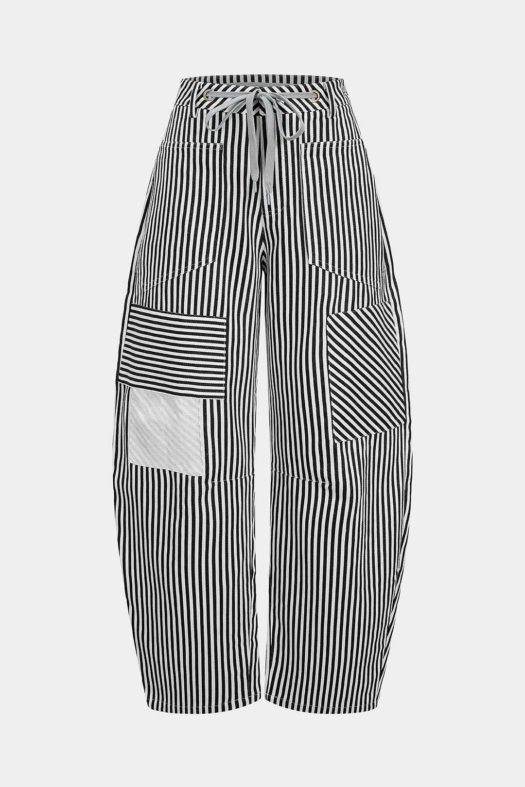 Stripe Print Pocket Drawstring Barrel Trousers - Flockneti