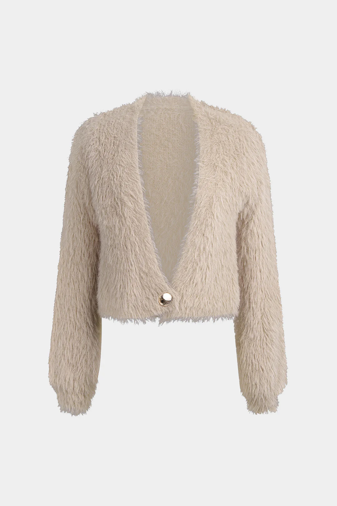Plush Knit V-Neck One Button Long-Sleeve Top - Flockneti
