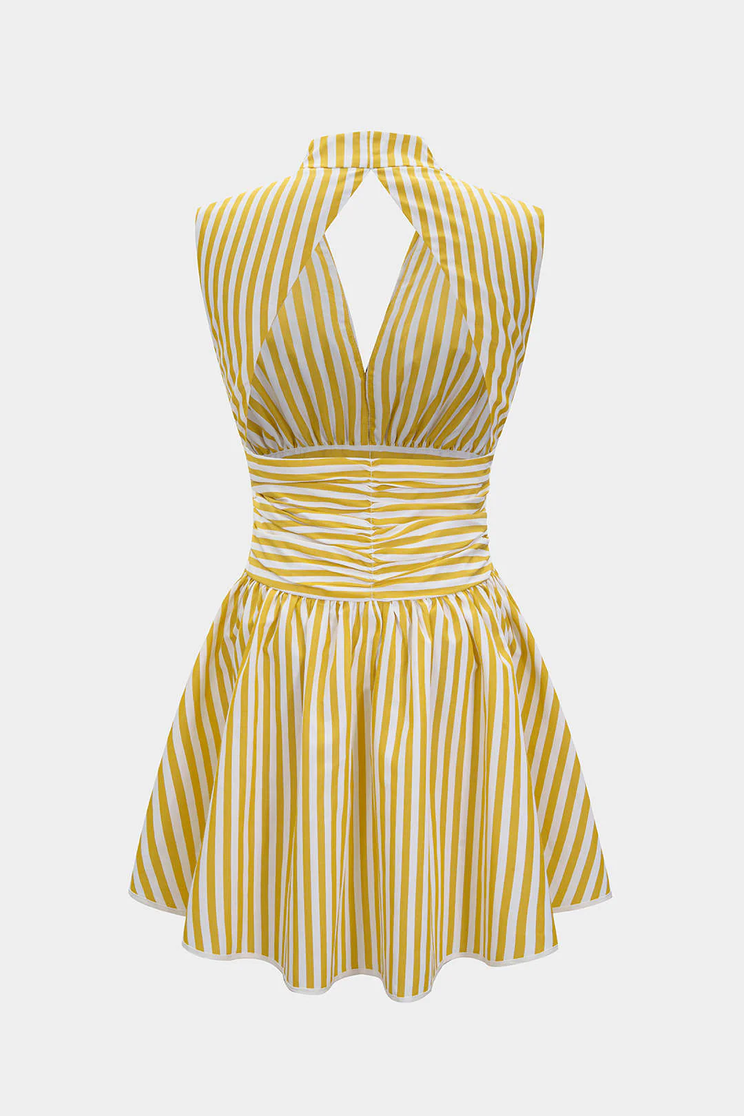 Stripes Print Halter Neck Shirred Backless Sleeveless Mini Dress - Flockneti