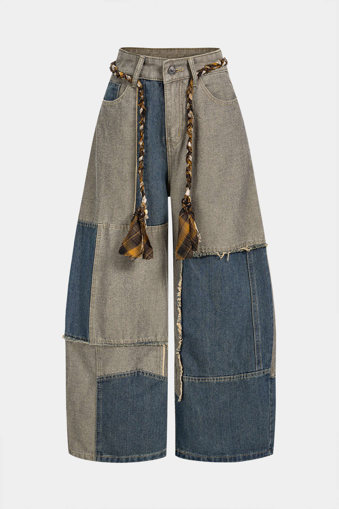 Denim Braided Belted Frayed Pocket Wide Leg Jeans - Flockneti