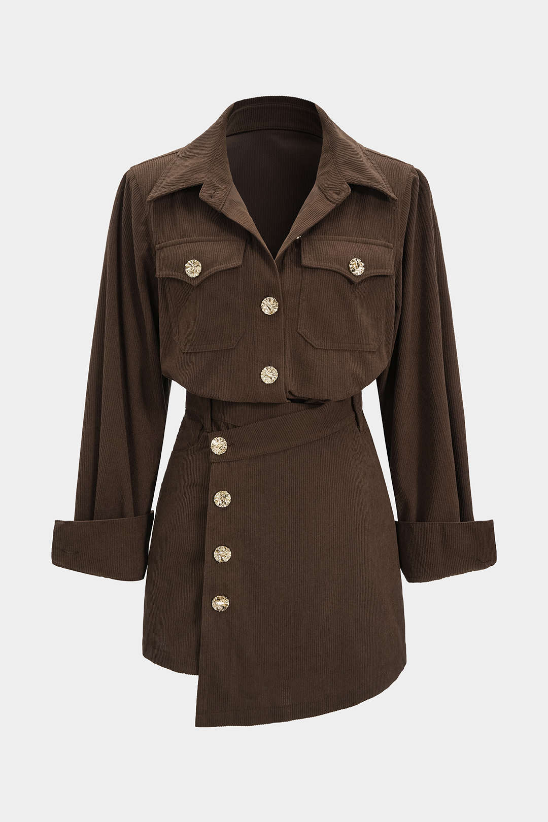 Corduroy Button Long-Sleeve Shirt And Button Skirt Set - Flockneti
