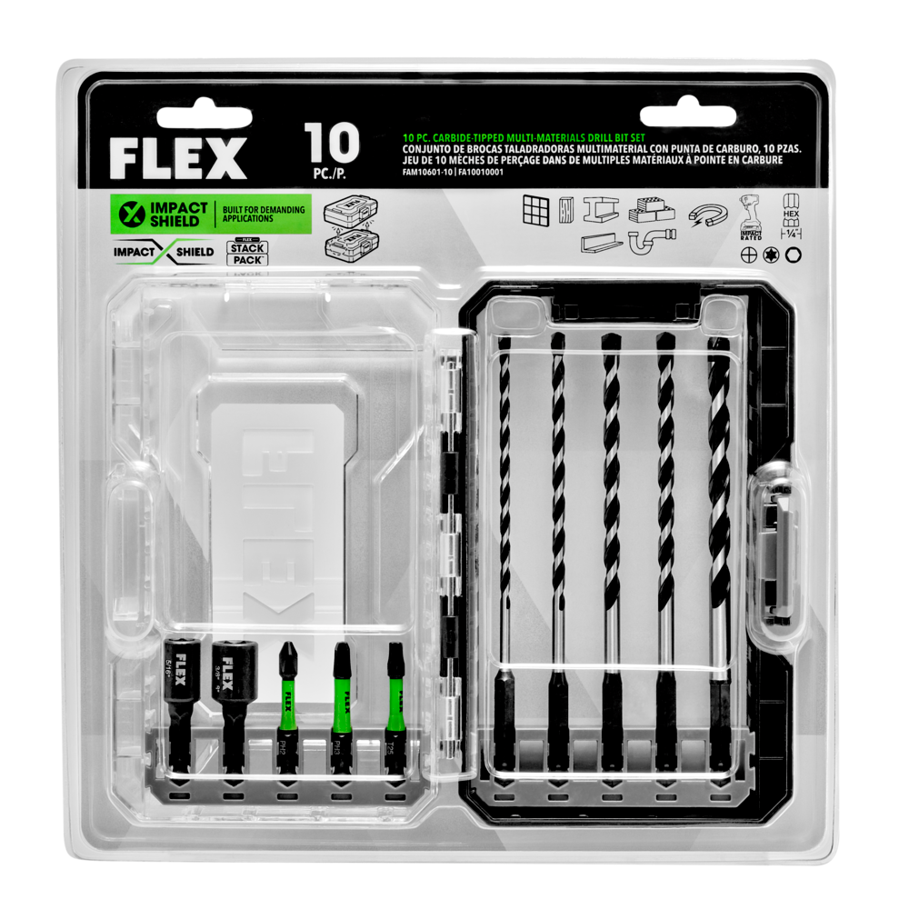 FLEX Drill & Drive Bit Set Carbide Tipped Multi Construction 10pc - Flockneti