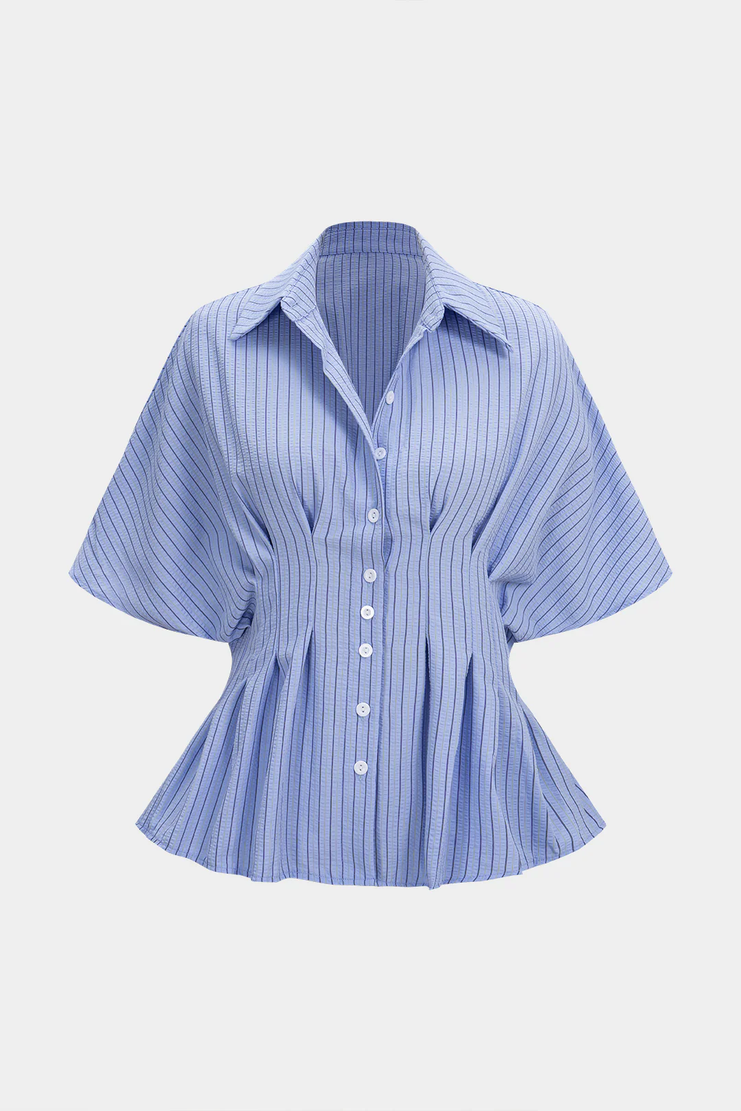 Stripes Print Lapel Ruched Short Sleeve Shirt - Flockneti