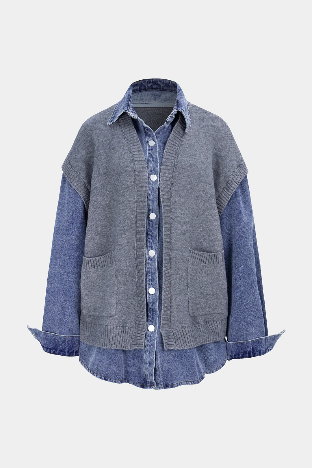 Denim Patchwork Knit Pocket Outerwear - Flockneti